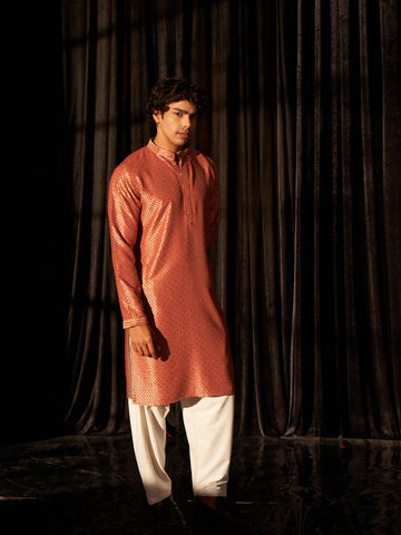 Rust Orange Men's Kurta with Elegant Chikankari Embroidery