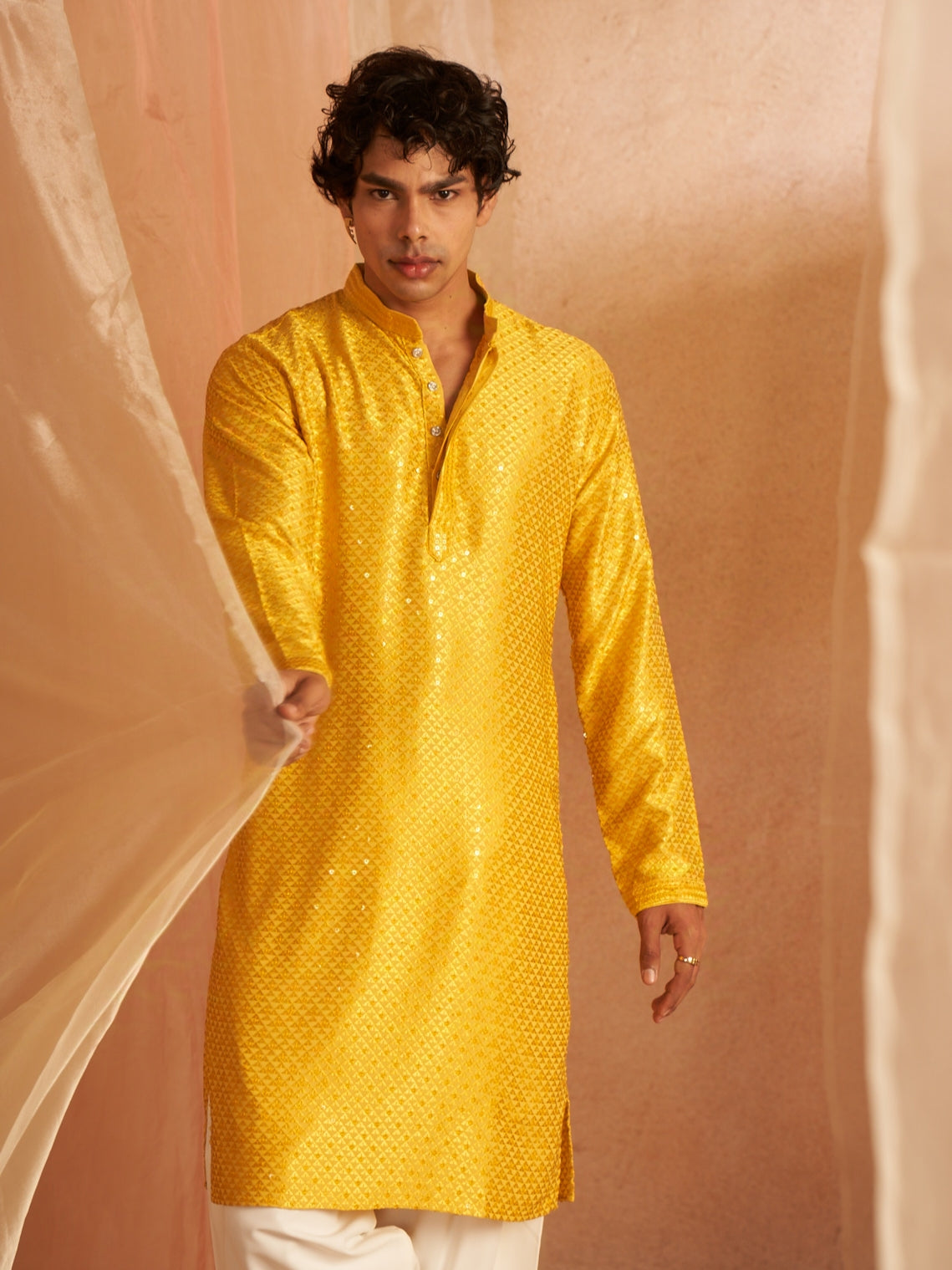 Yellow Men's Kurta with Chikankari Embroidery on Viscose Fabric