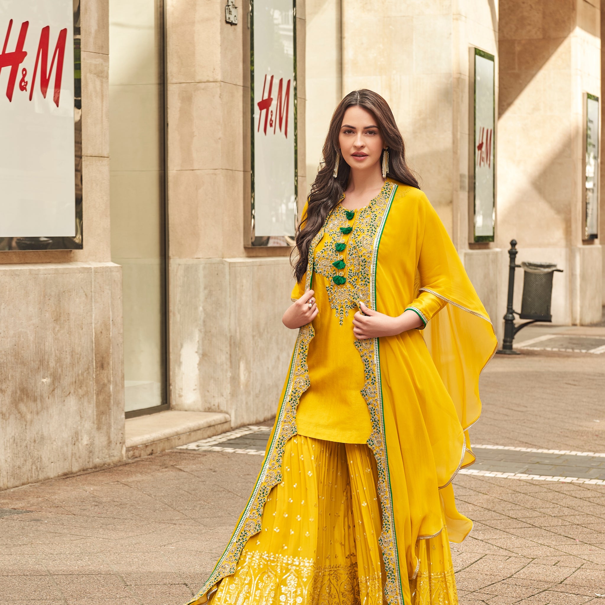 Yellow Embroidered Premium Silk Sharara Suit