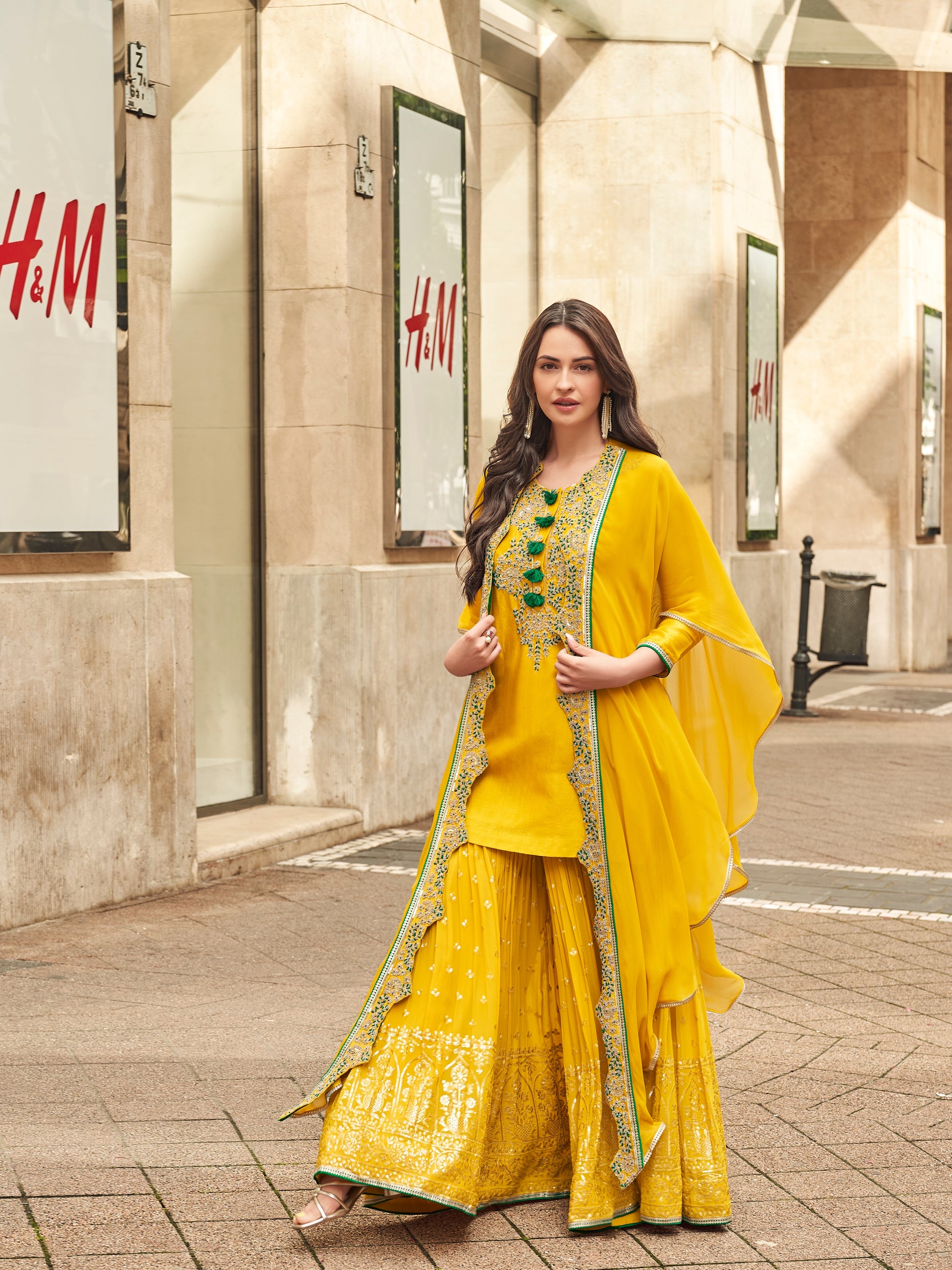 Yellow Embroidered Premium Silk Sharara Suit