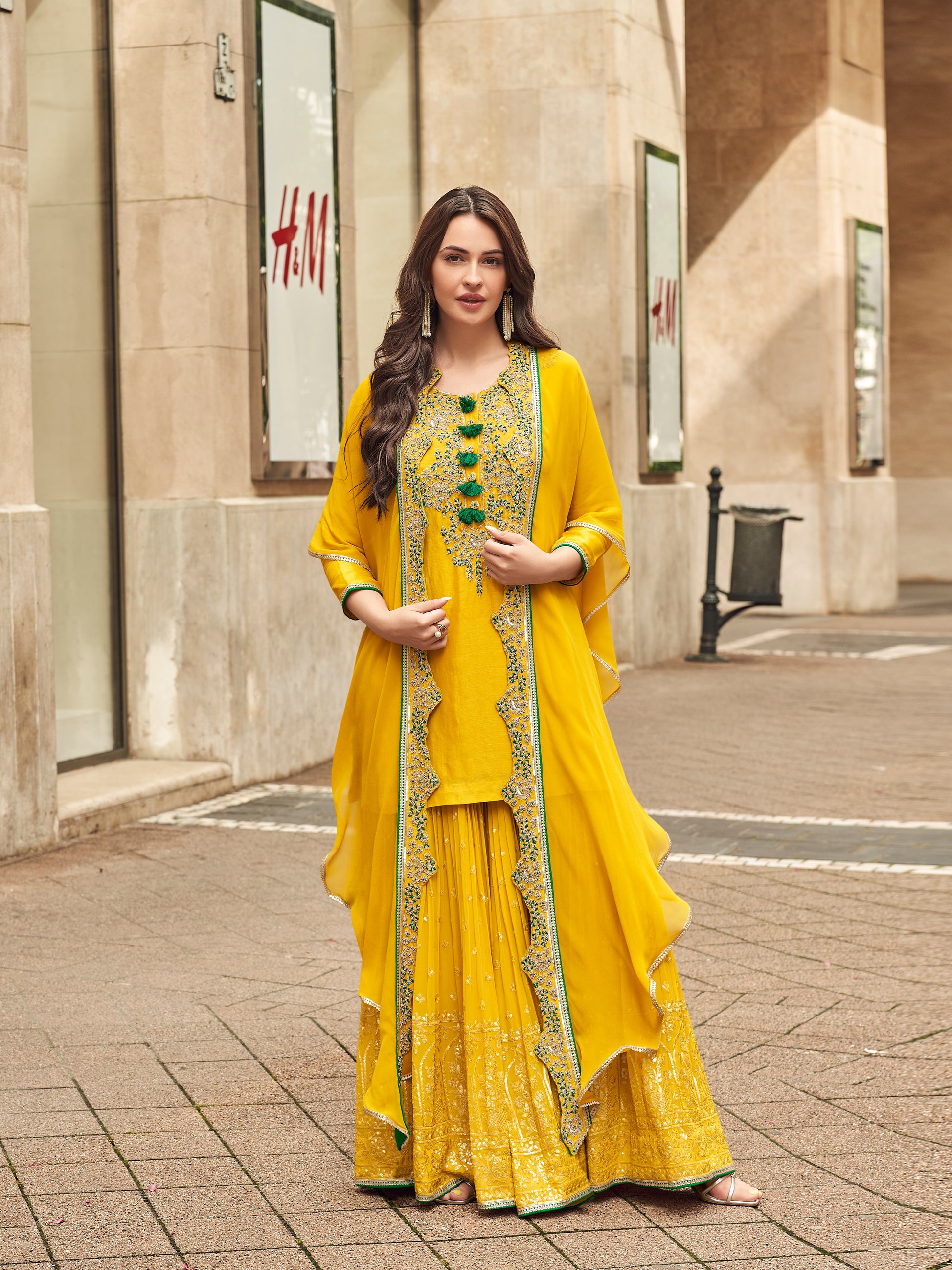 Yellow Embroidered Premium Silk Sharara Suit