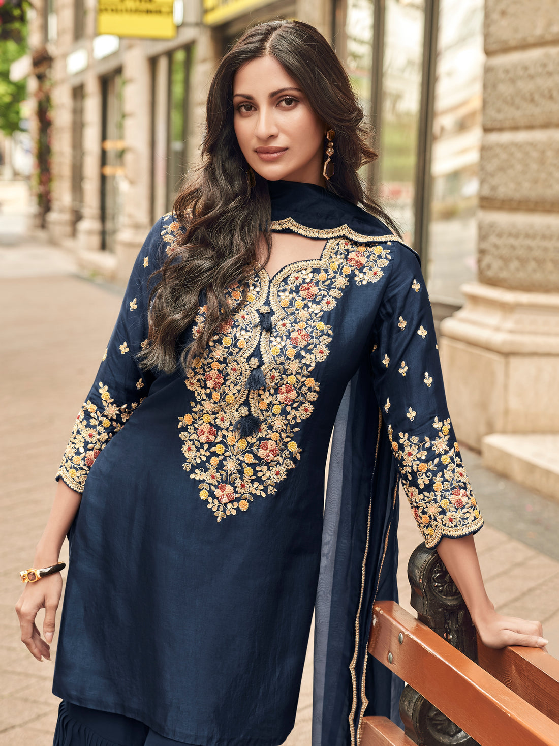 Navy Blue Embroidered Premium Silk Sharara Suit