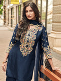 Navy Blue Embroidered Premium Silk Sharara Suit