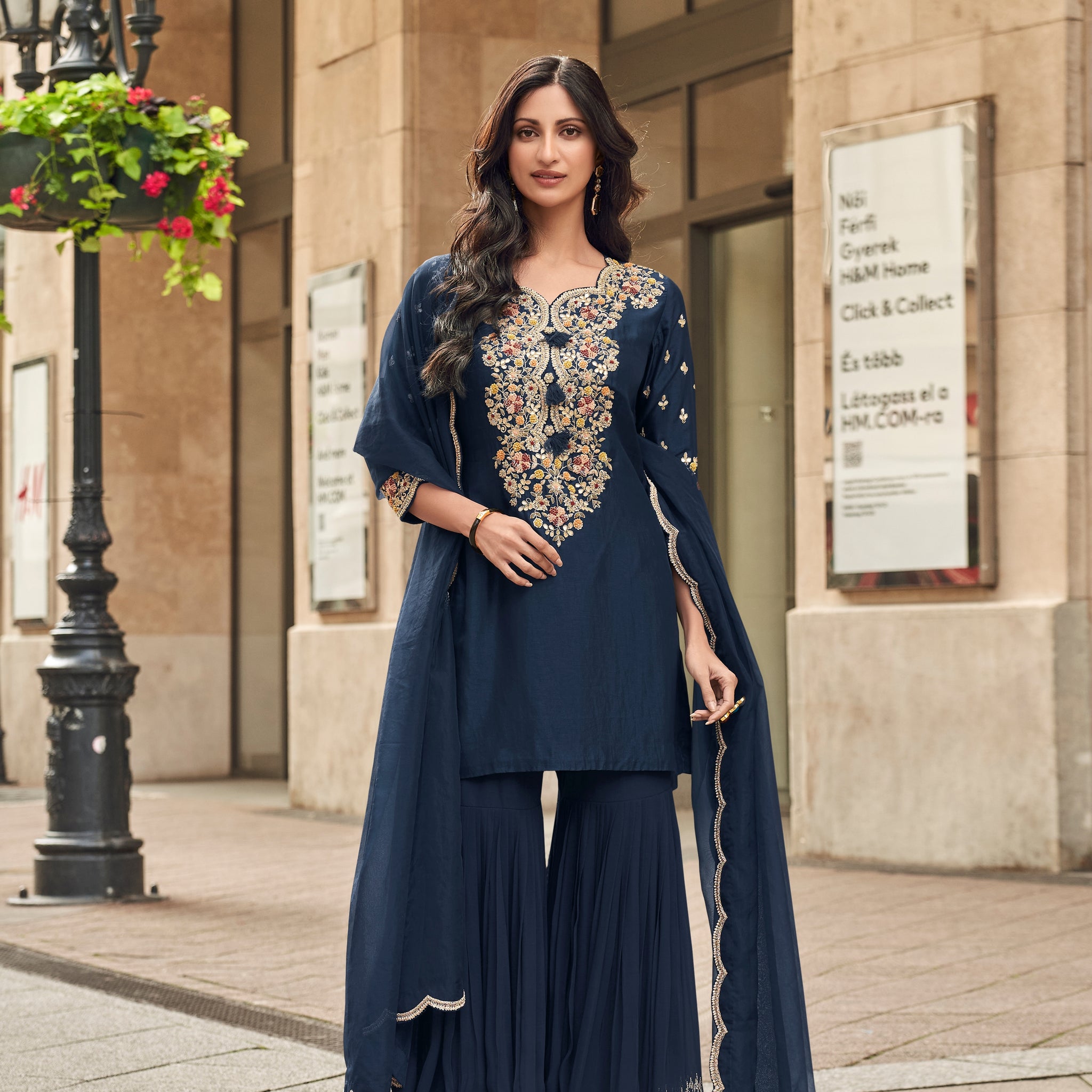 Navy Blue Embroidered Premium Silk Sharara Suit