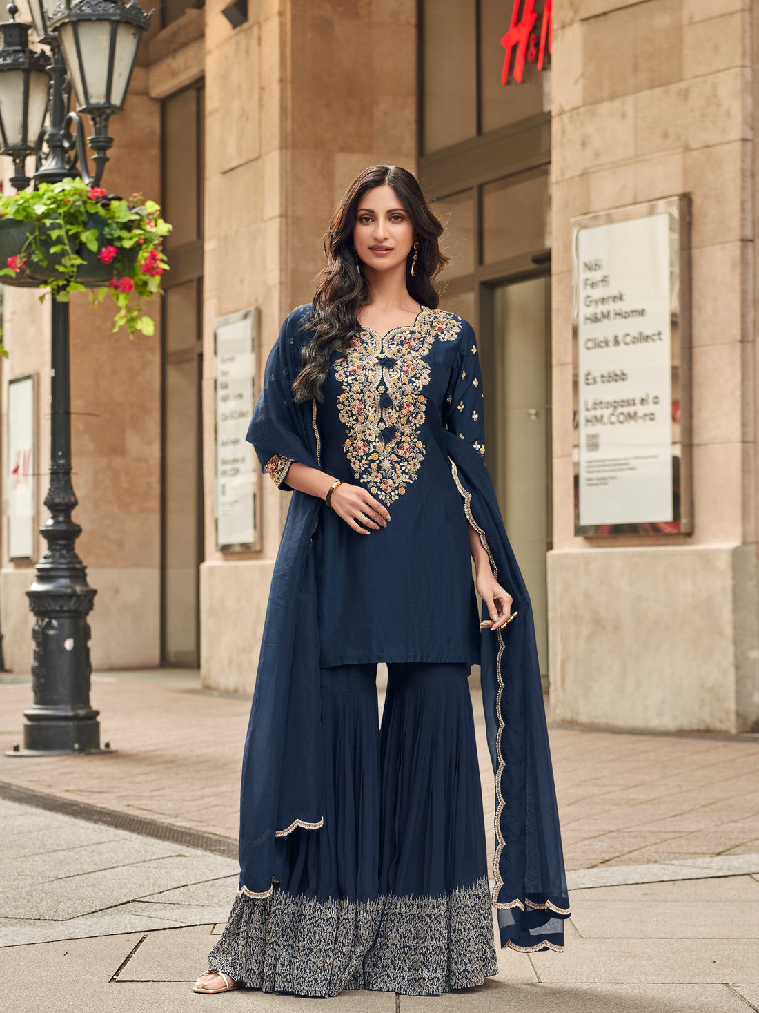 Navy Blue Embroidered Premium Silk Sharara Suit