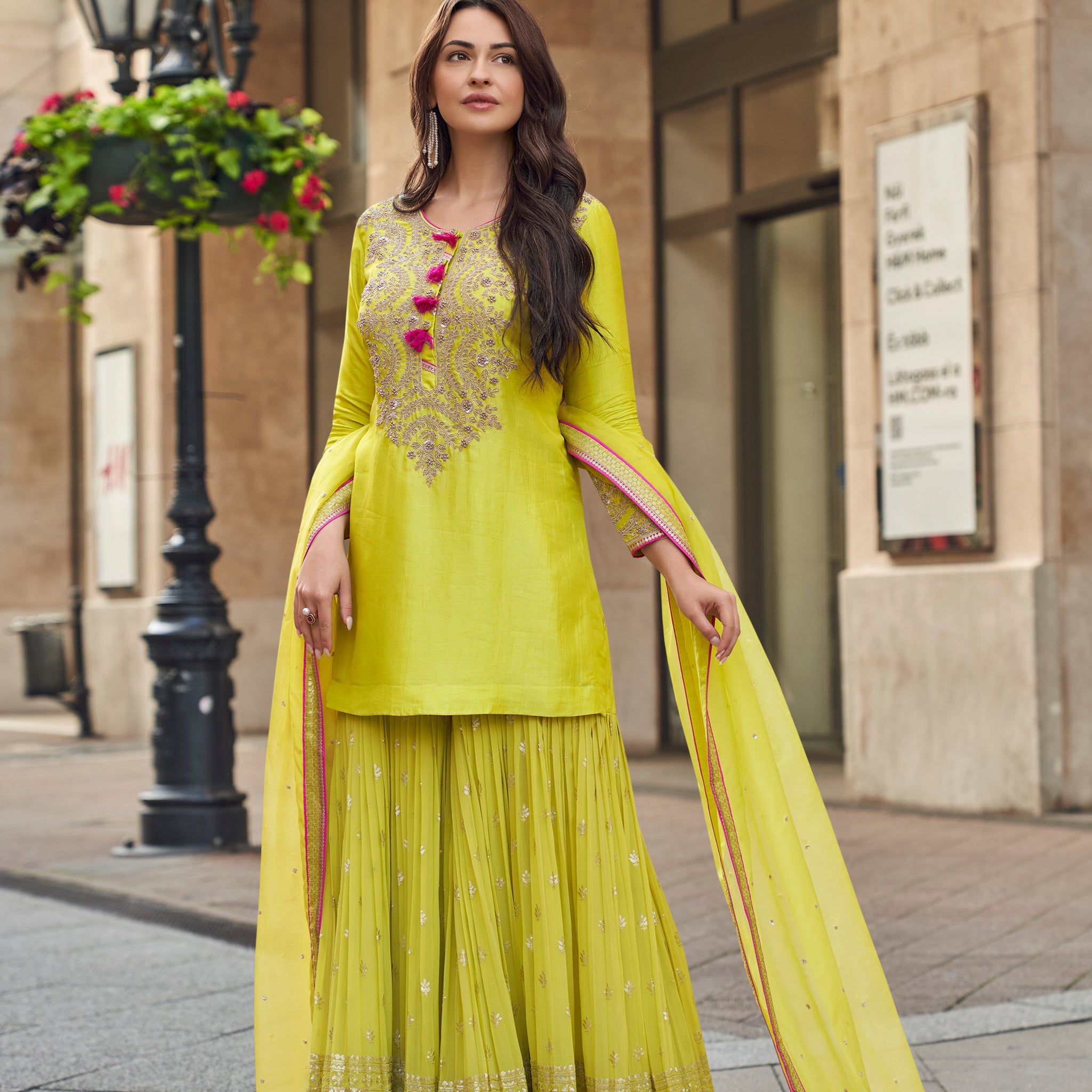 Lime Green Embroidered Premium Silk Sharara Suit