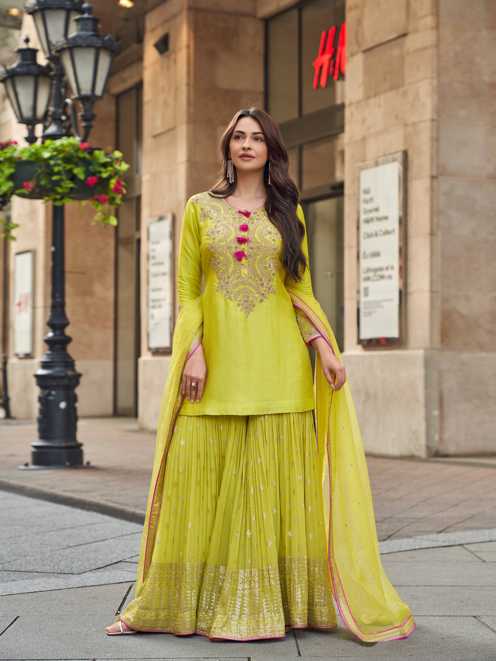 Lime Green Embroidered Premium Silk Sharara Suit