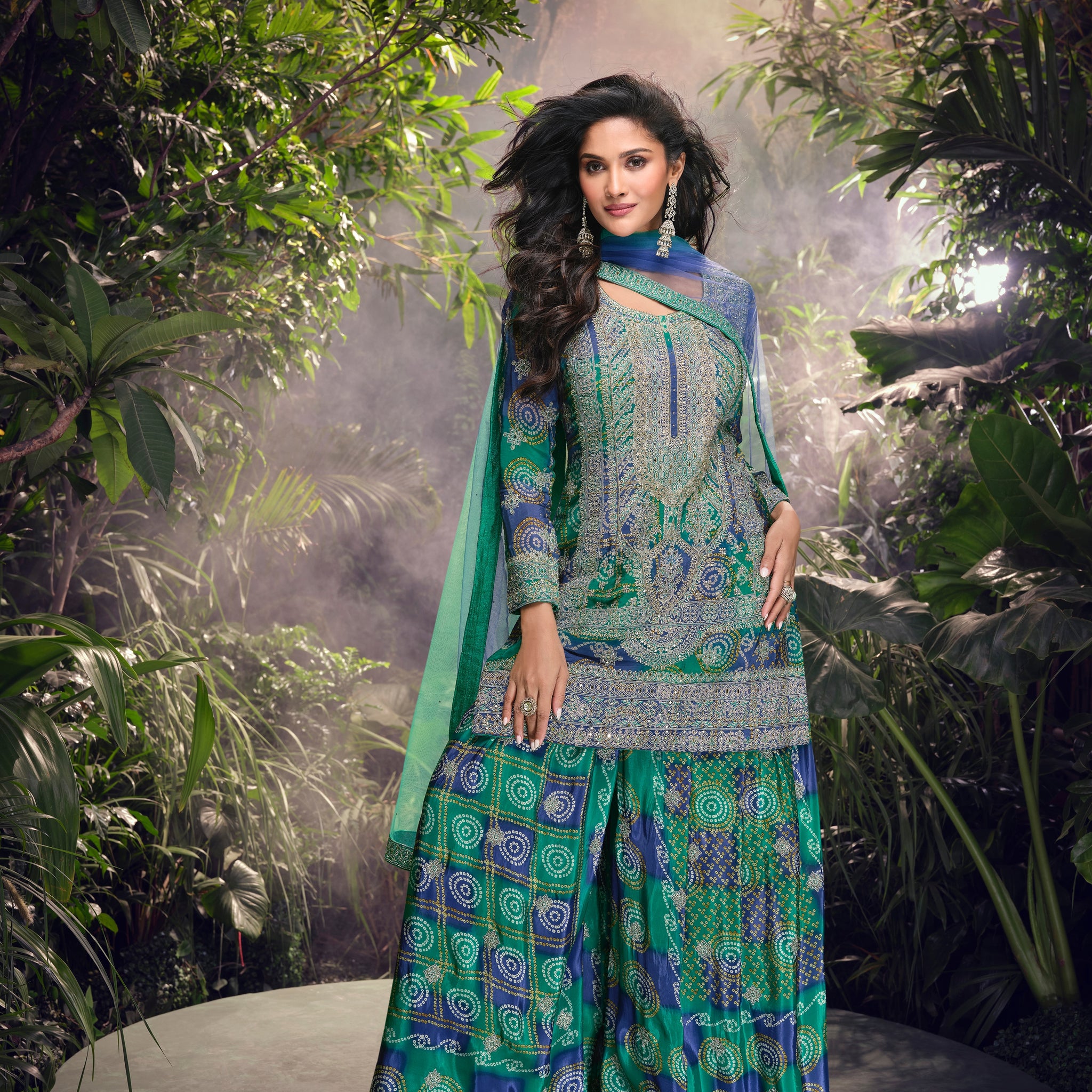 Blue & Green Premium Chinon Silk Sharara Set