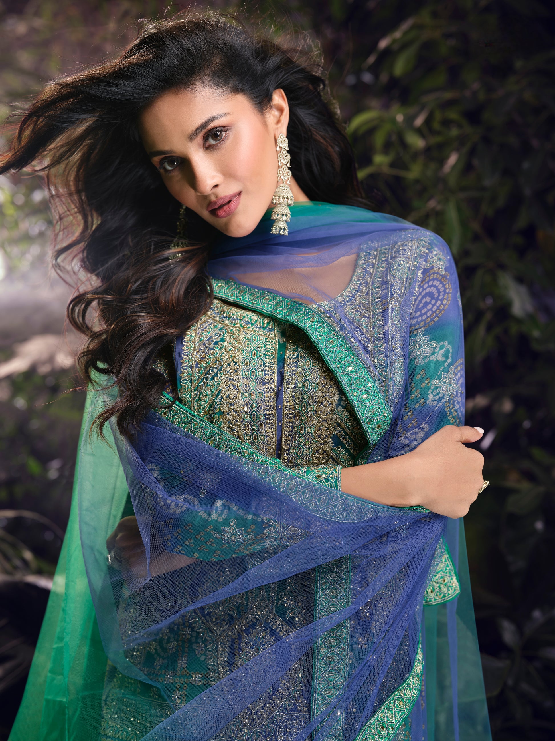 Blue & Green Premium Chinon Silk Sharara Set