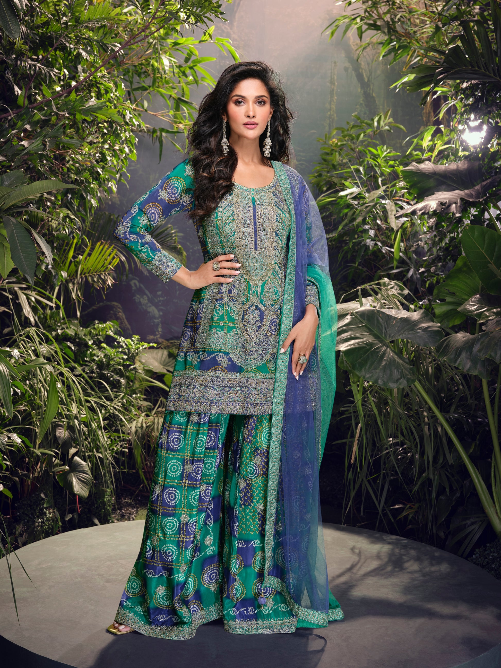 Blue & Green Premium Chinon Silk Sharara Set