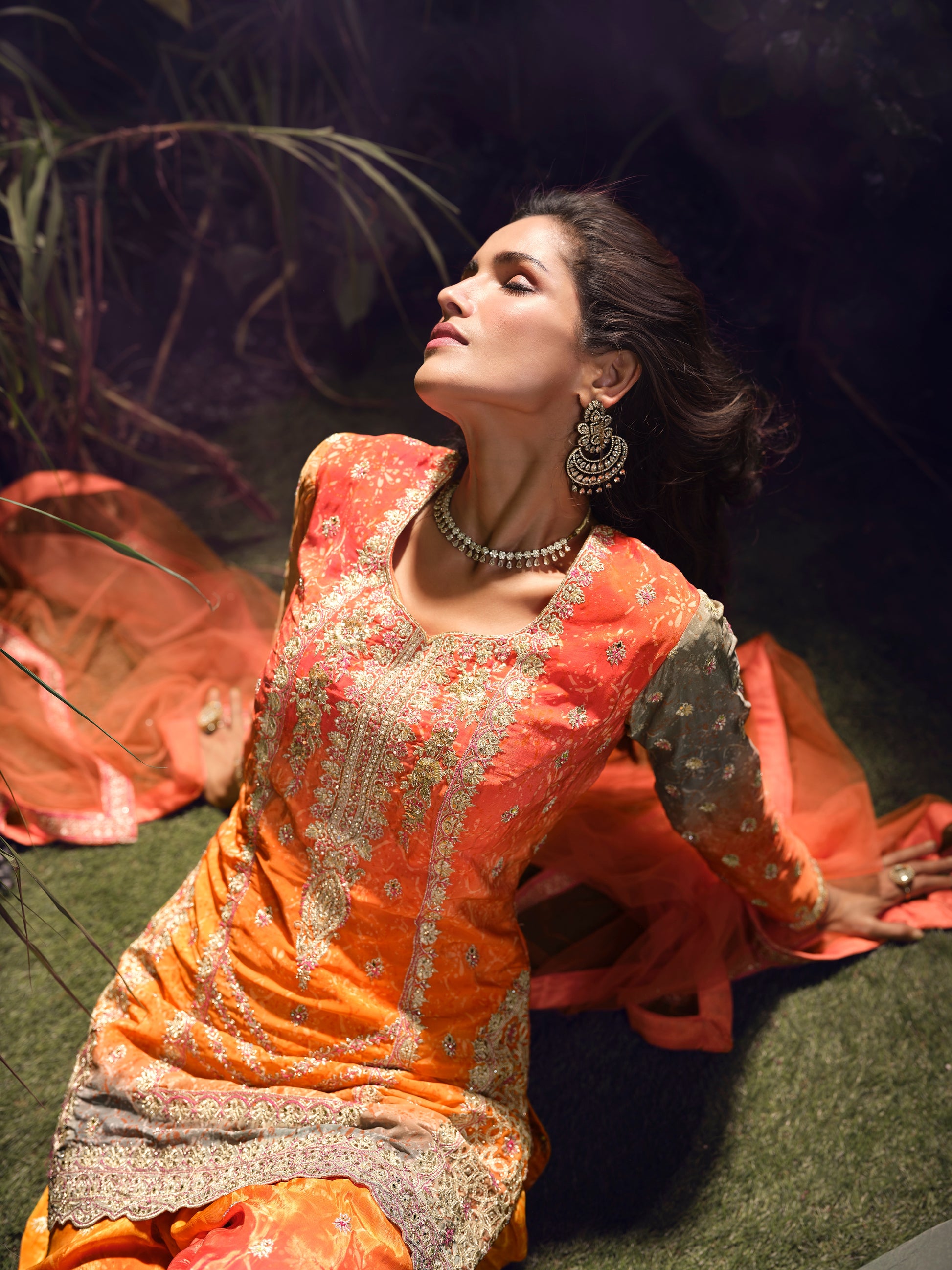 Orange & Green Premium Chinon Silk Sharara Set