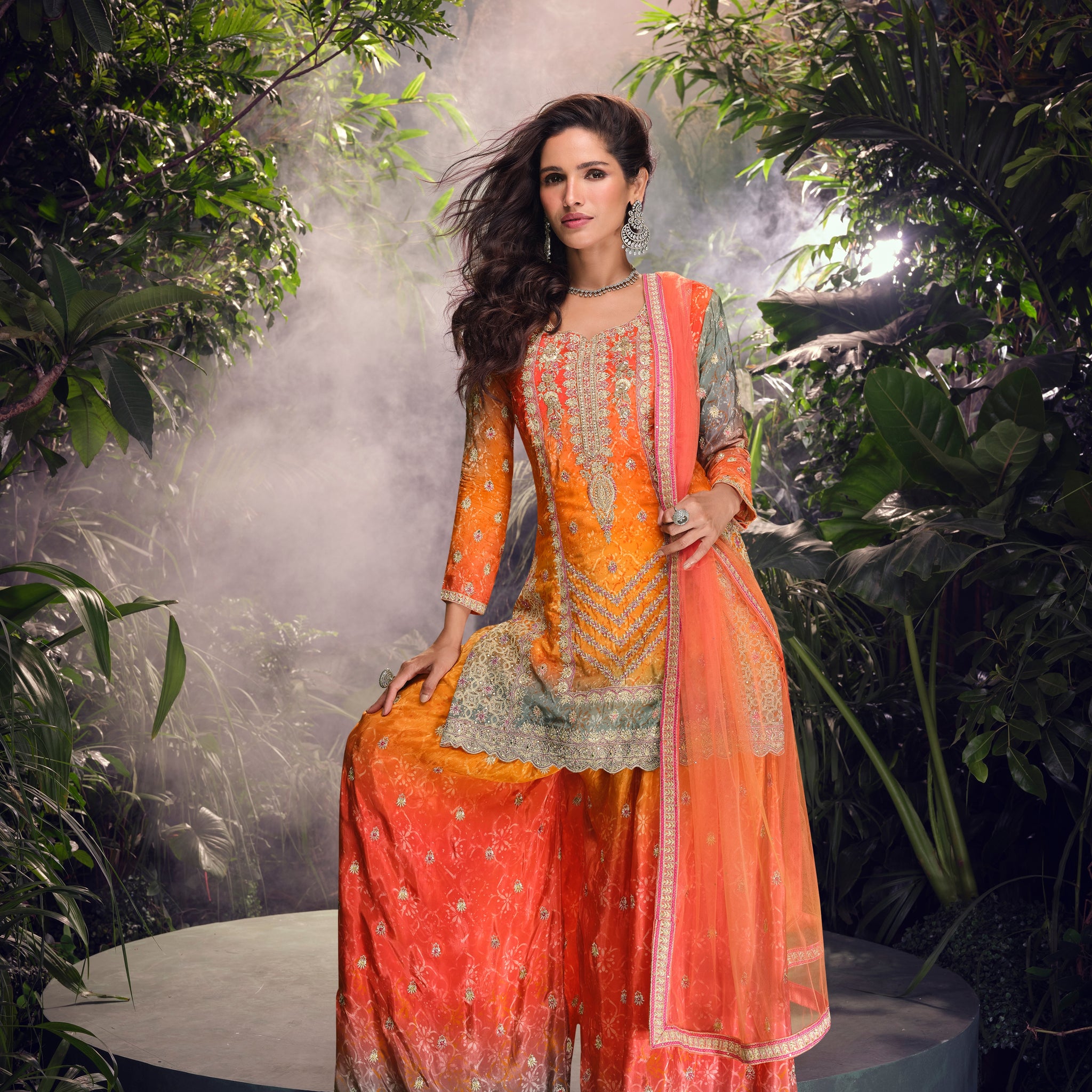 Orange & Green Premium Chinon Silk Sharara Set