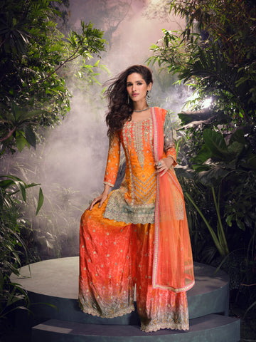 Orange & Green Premium Chinon Silk Sharara Set