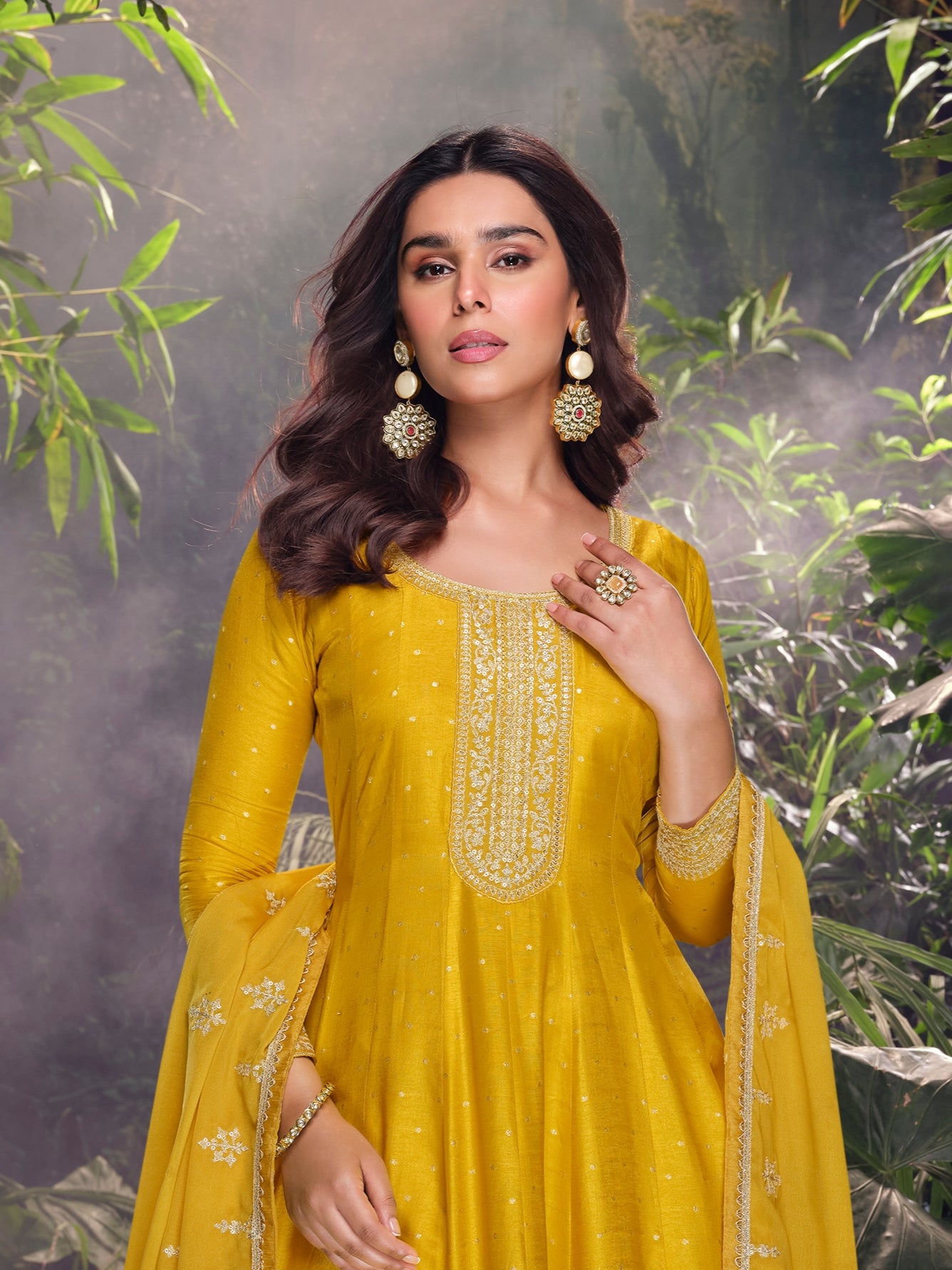 Mustard Yellow Embroidered Jacquard Silk Palazzo Set