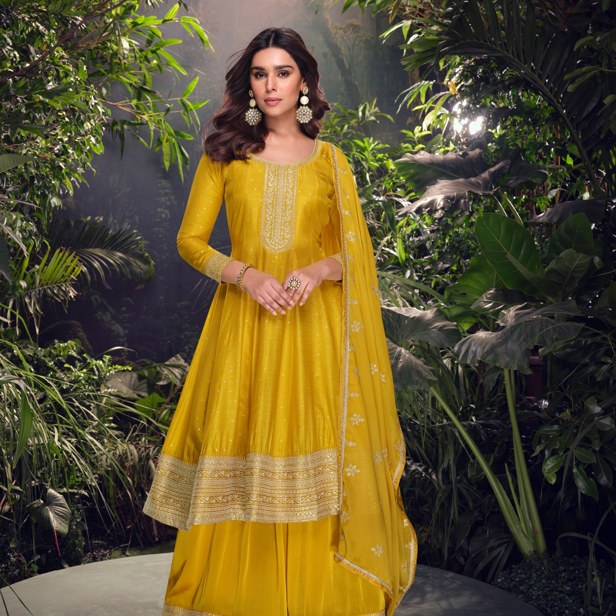 Mustard Yellow Embroidered Jacquard Silk Palazzo Set