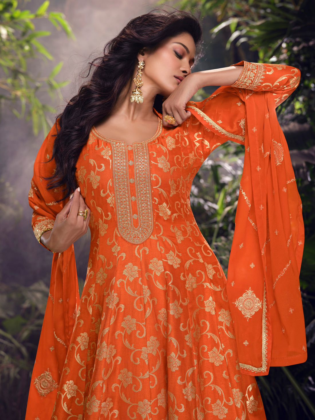 Orange Embroidered Jacquard Silk Palazzo Set