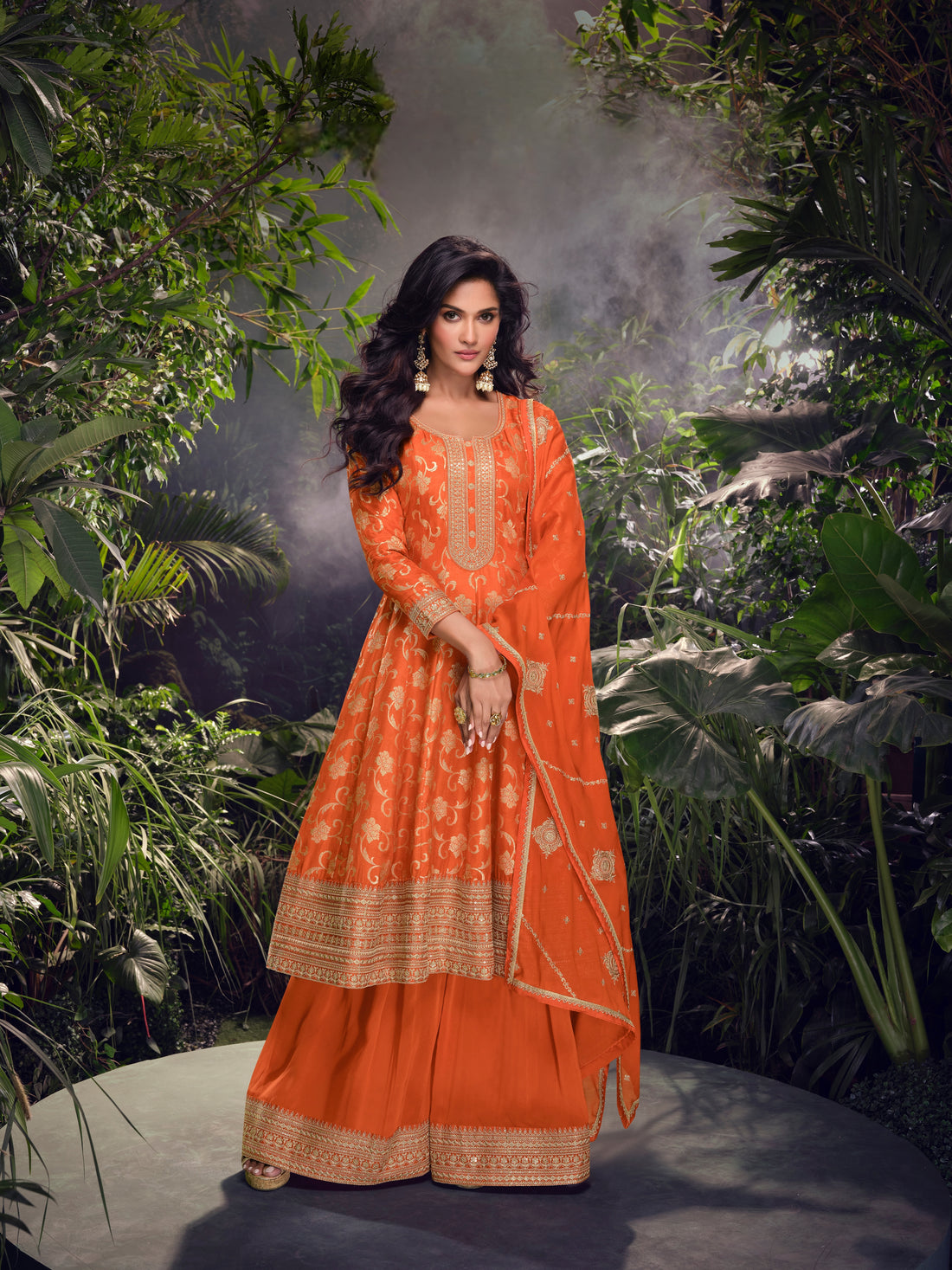 Orange Embroidered Jacquard Silk Palazzo Set