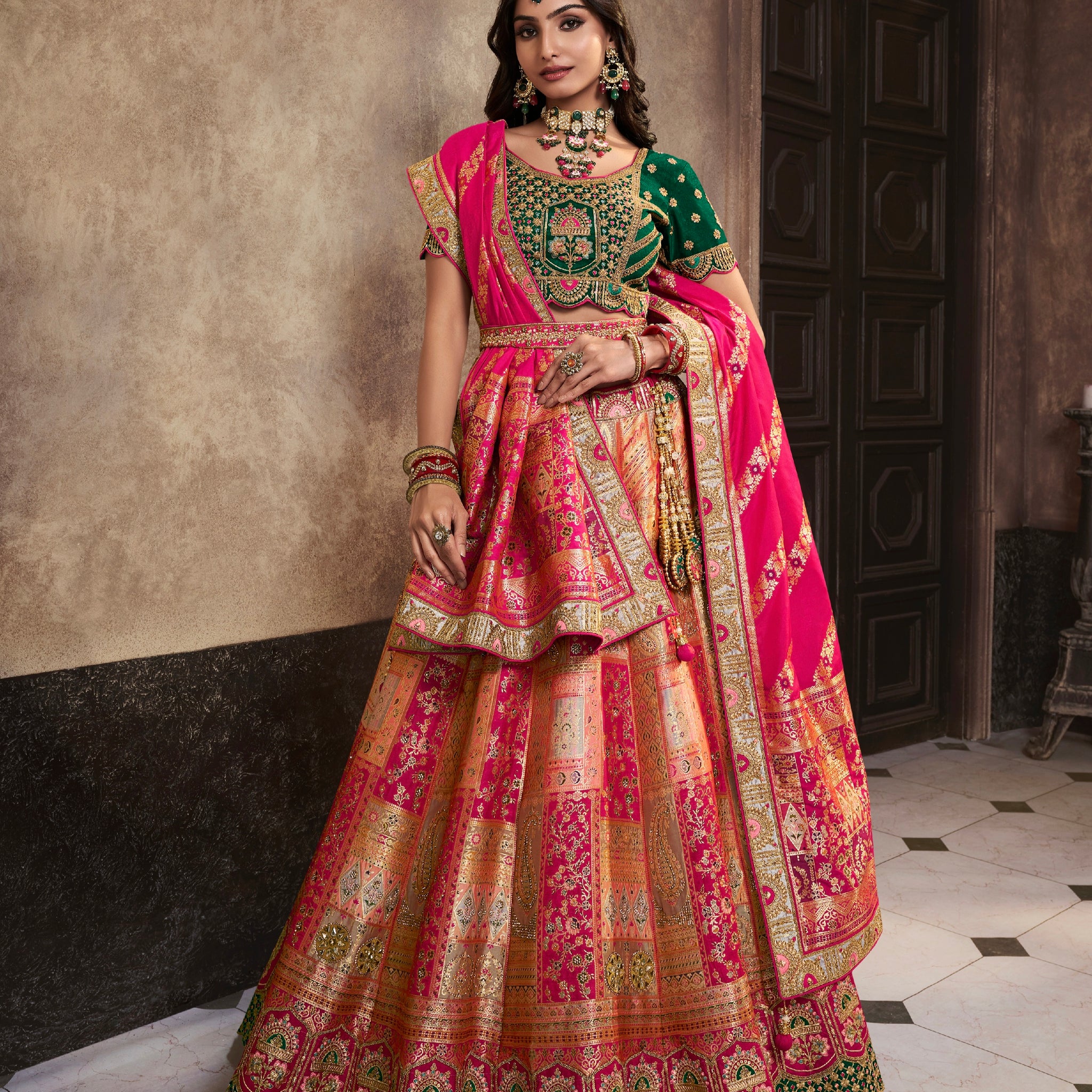 Green and Pink Zarkan Sequins Work Banarasi Lehenga