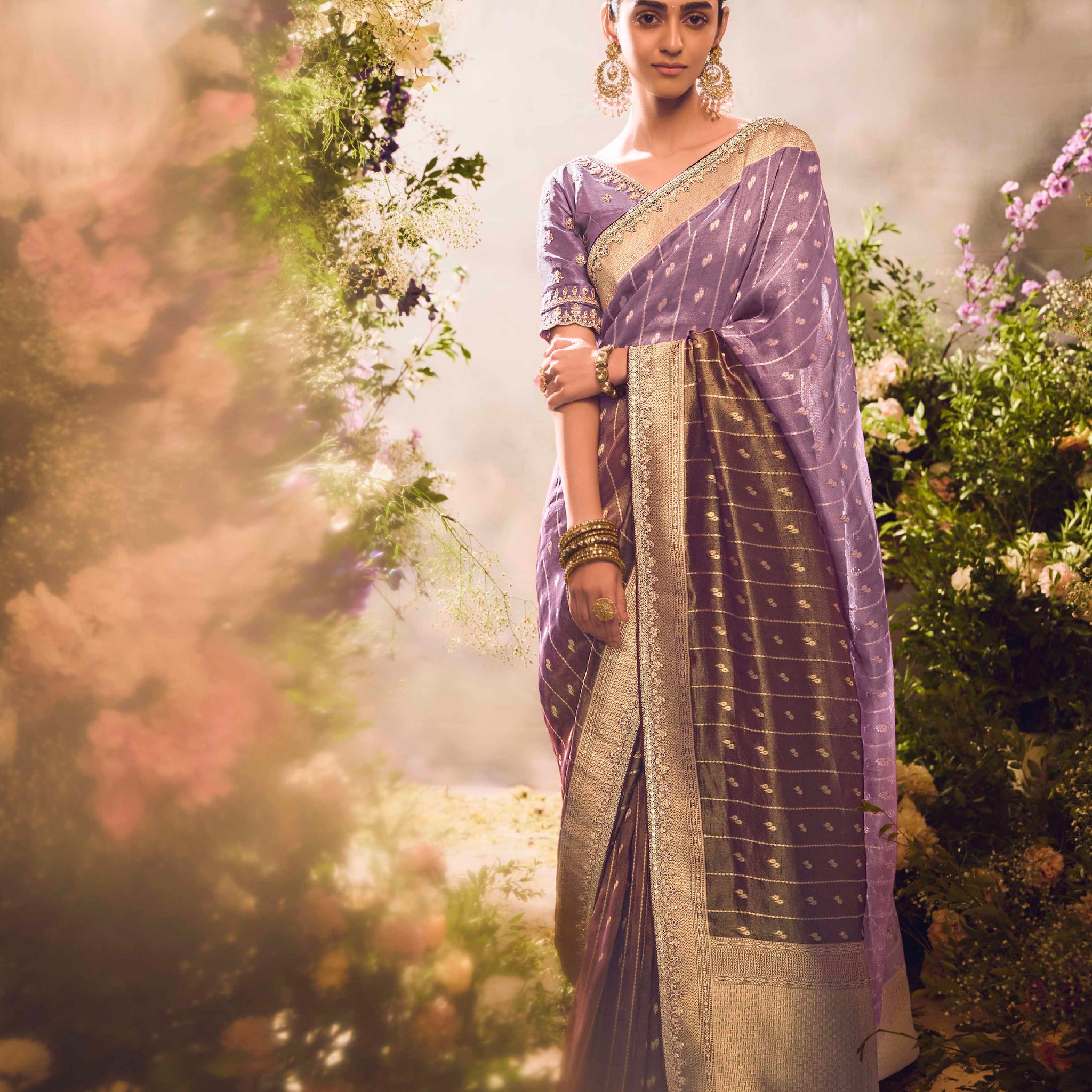 Lavender Zari Weaving Sequence Embroidered Banarasi Saree