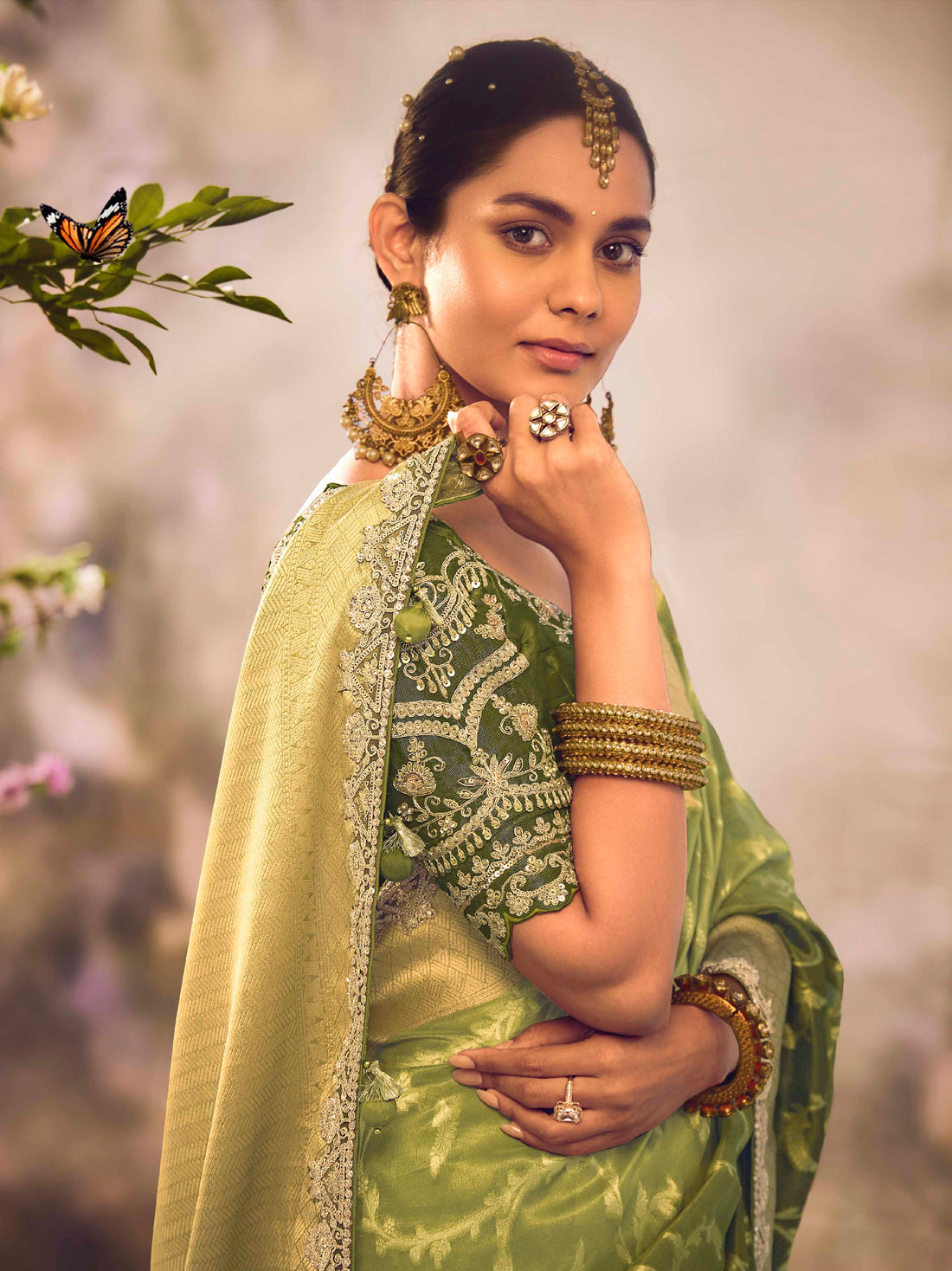 Parrot Green Zari Embroidered Banarasi Saree