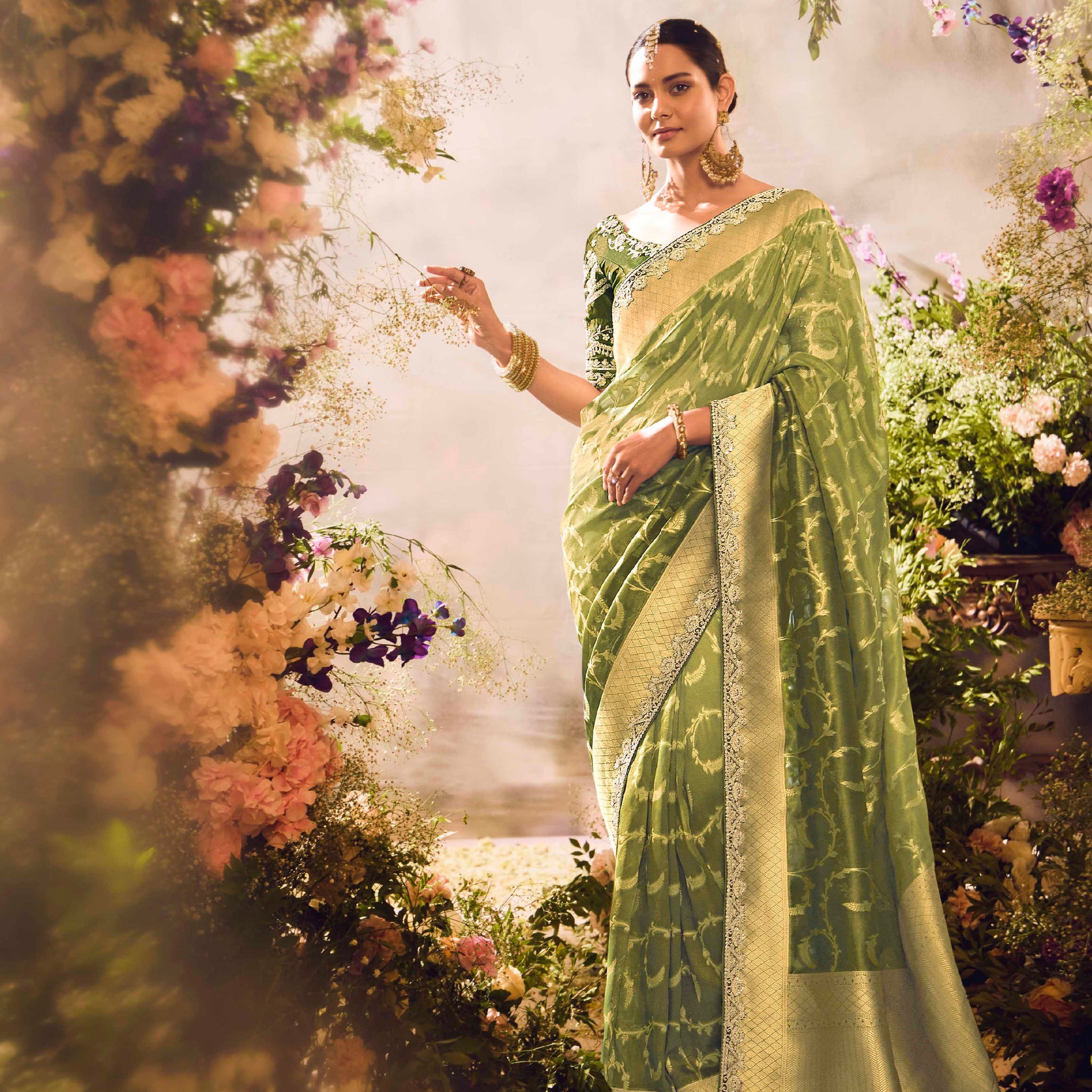 Parrot Green Zari Embroidered Banarasi Saree