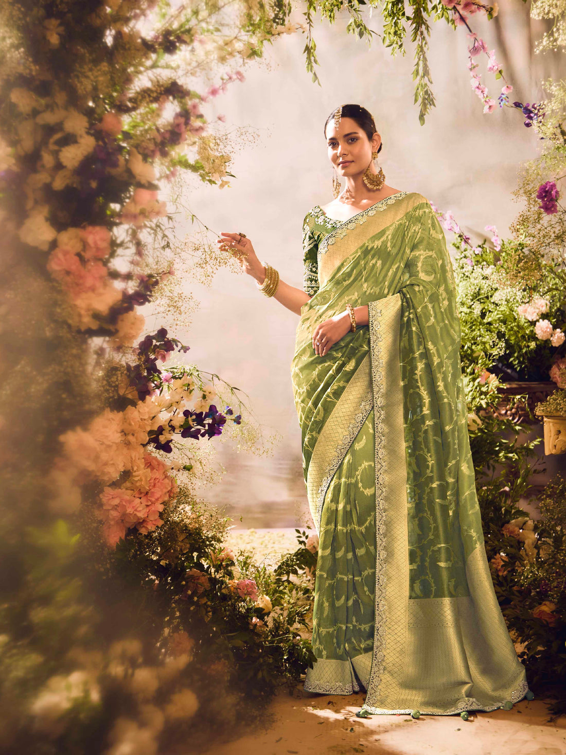 Parrot Green Zari Embroidered Banarasi Saree