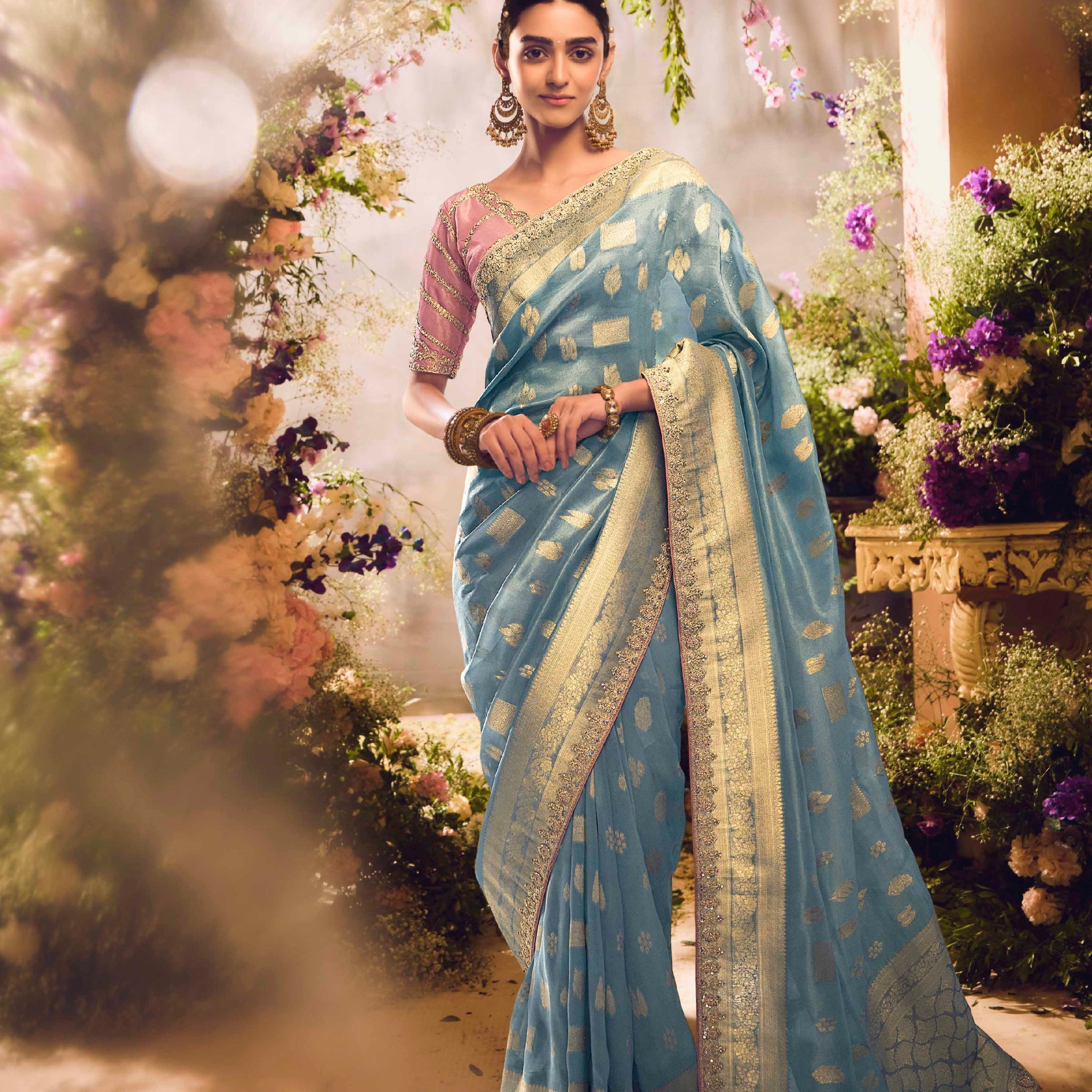 Sky Blue Tissue Silk Heavy Zari Weaving Banarasi Saree