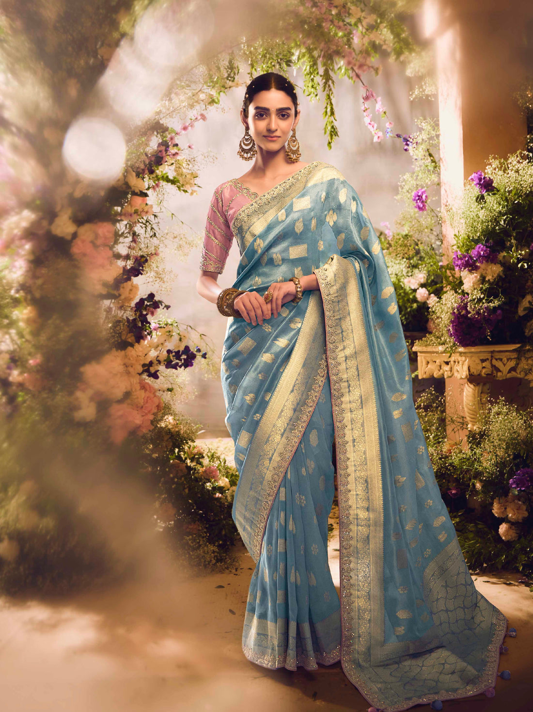 Sky Blue Tissue Silk Heavy Zari Weaving Banarasi Saree