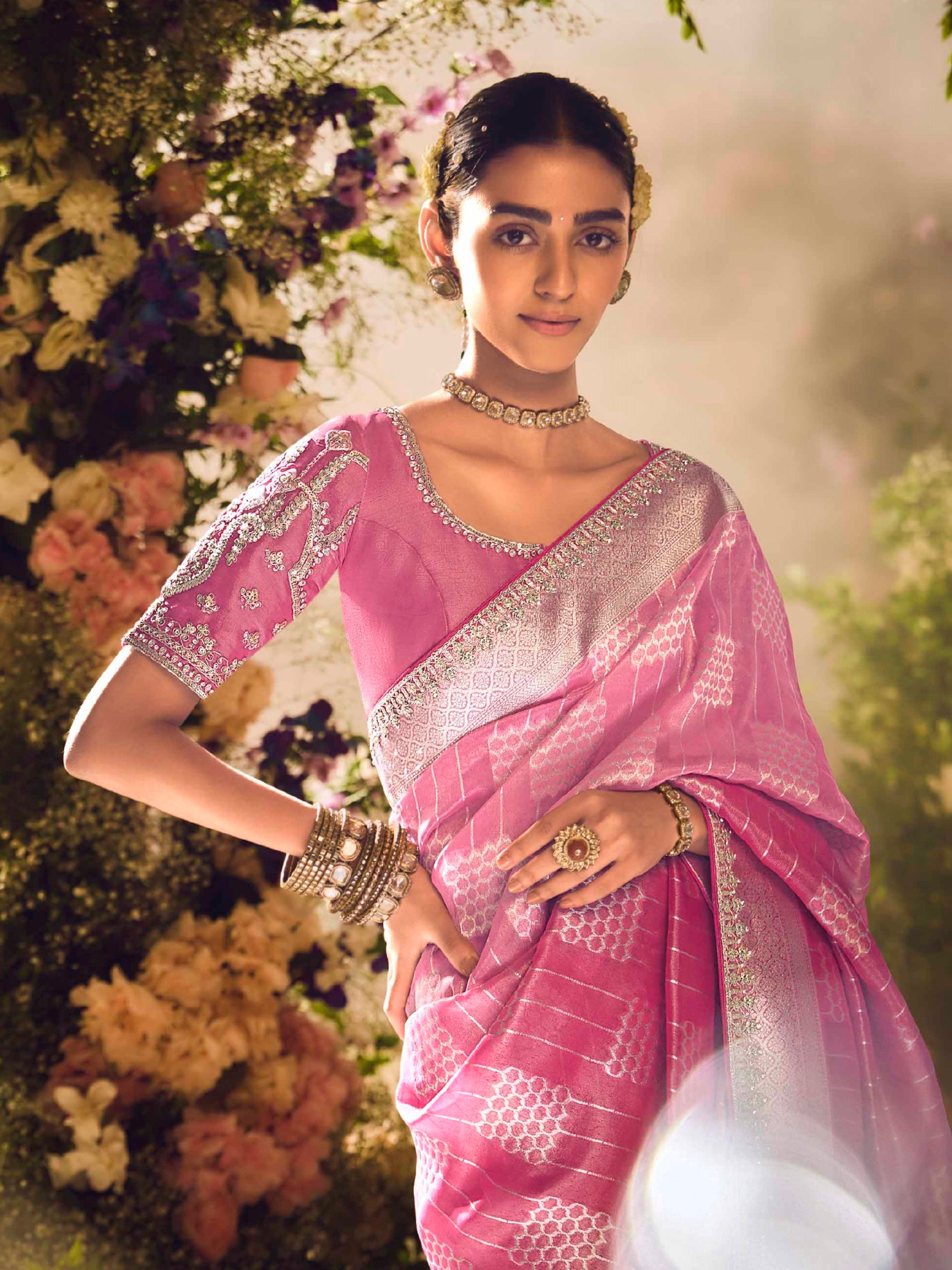 Pink Zari Tissue Silk Embroidered Border Banarasi Saree