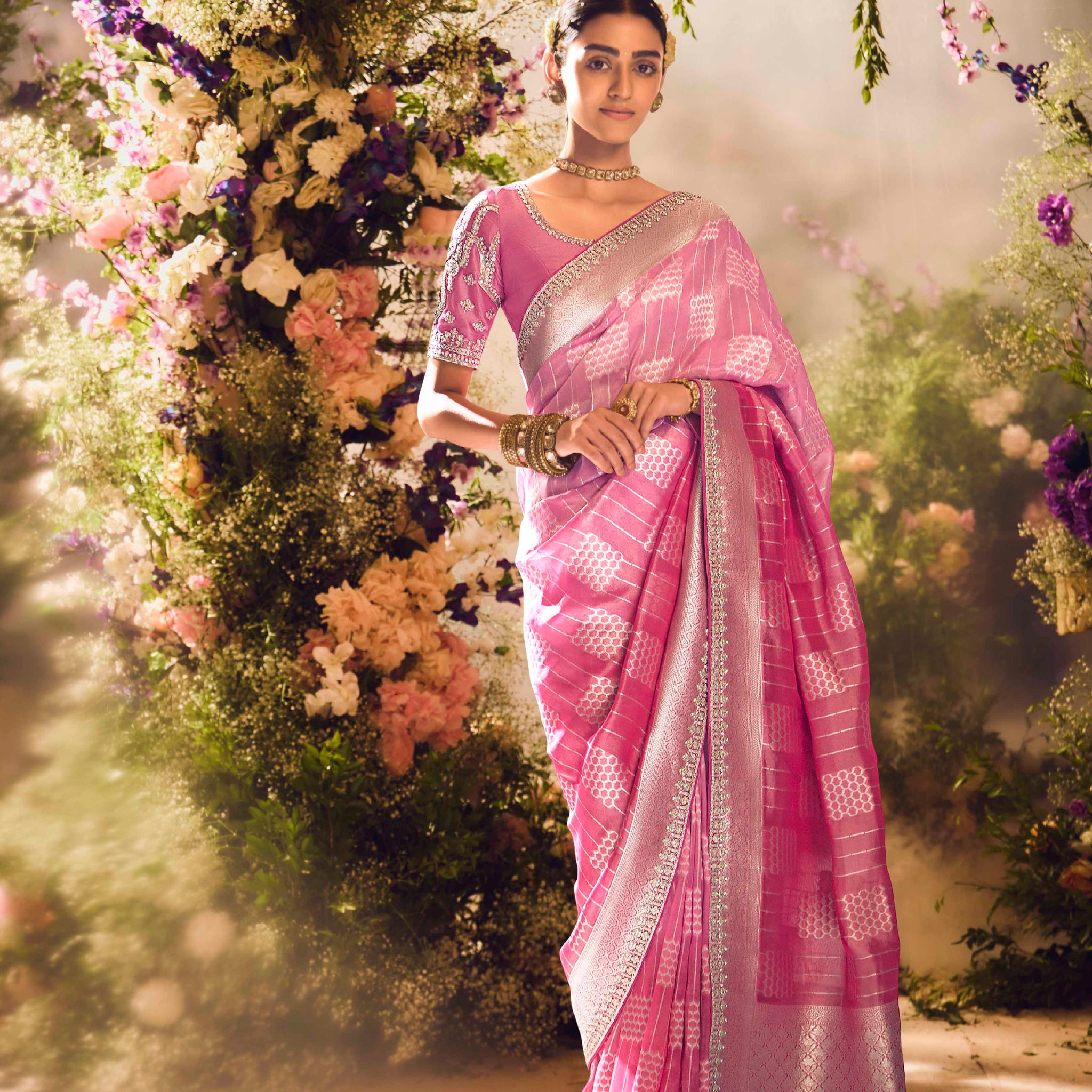 Pink Zari Tissue Silk Embroidered Border Banarasi Saree