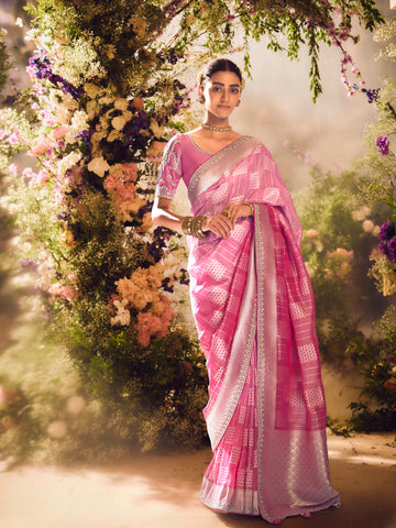 Pink Zari Tissue Silk Embroidered Border Banarasi Saree