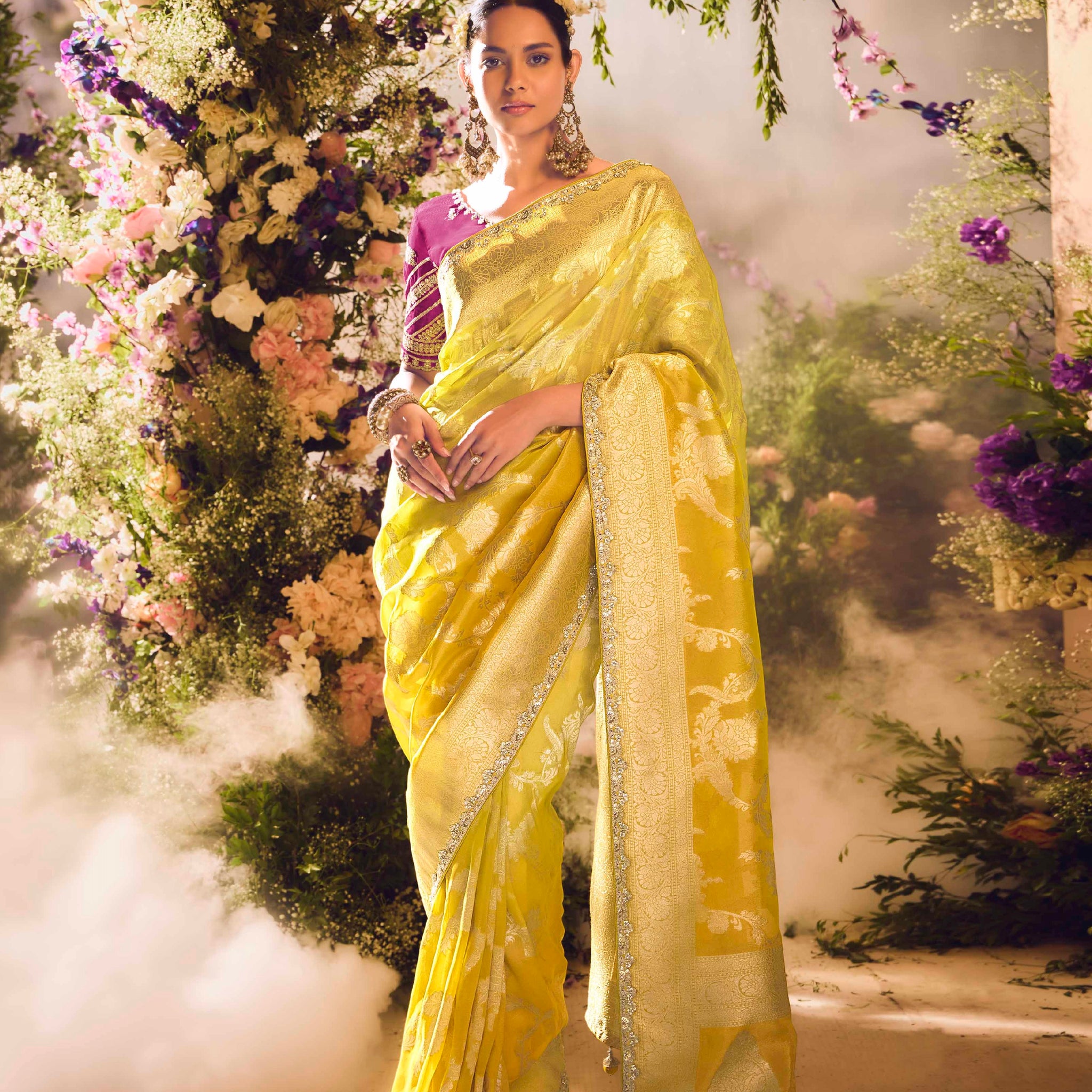 Yellow Tissue Silk Gold Zari Embroidered Banarasi Saree