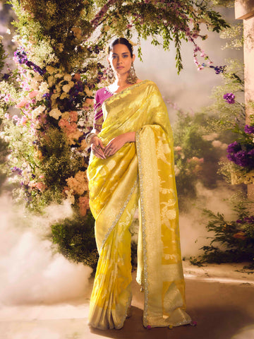 Yellow Tissue Silk Gold Zari Embroidered Banarasi Saree