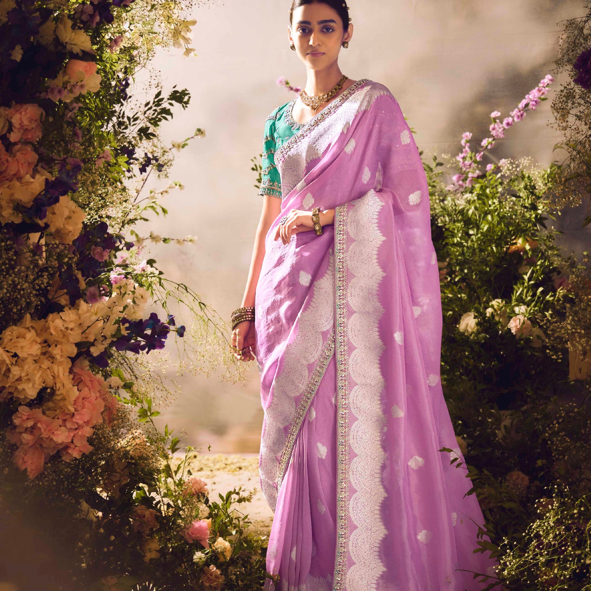 Lilac Zari Weaving and Designer Border Banarasi Saree