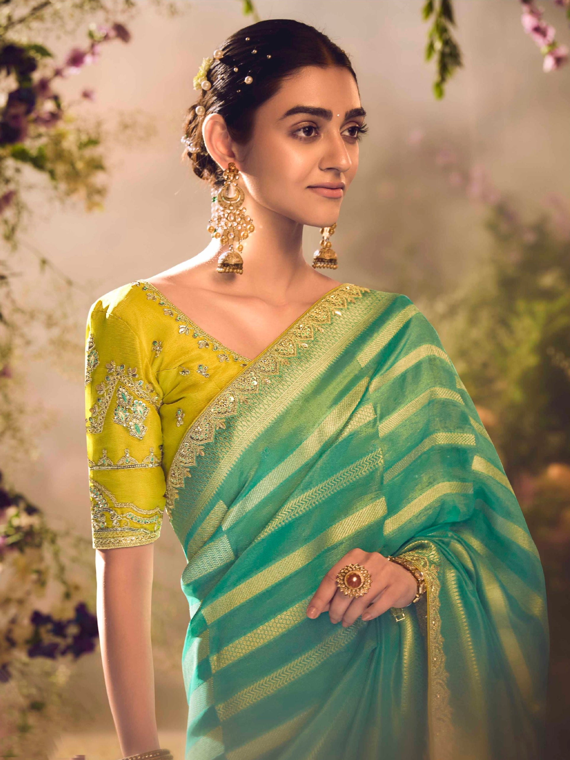 Mint Green Designer Zari Weaving Banarasi Saree