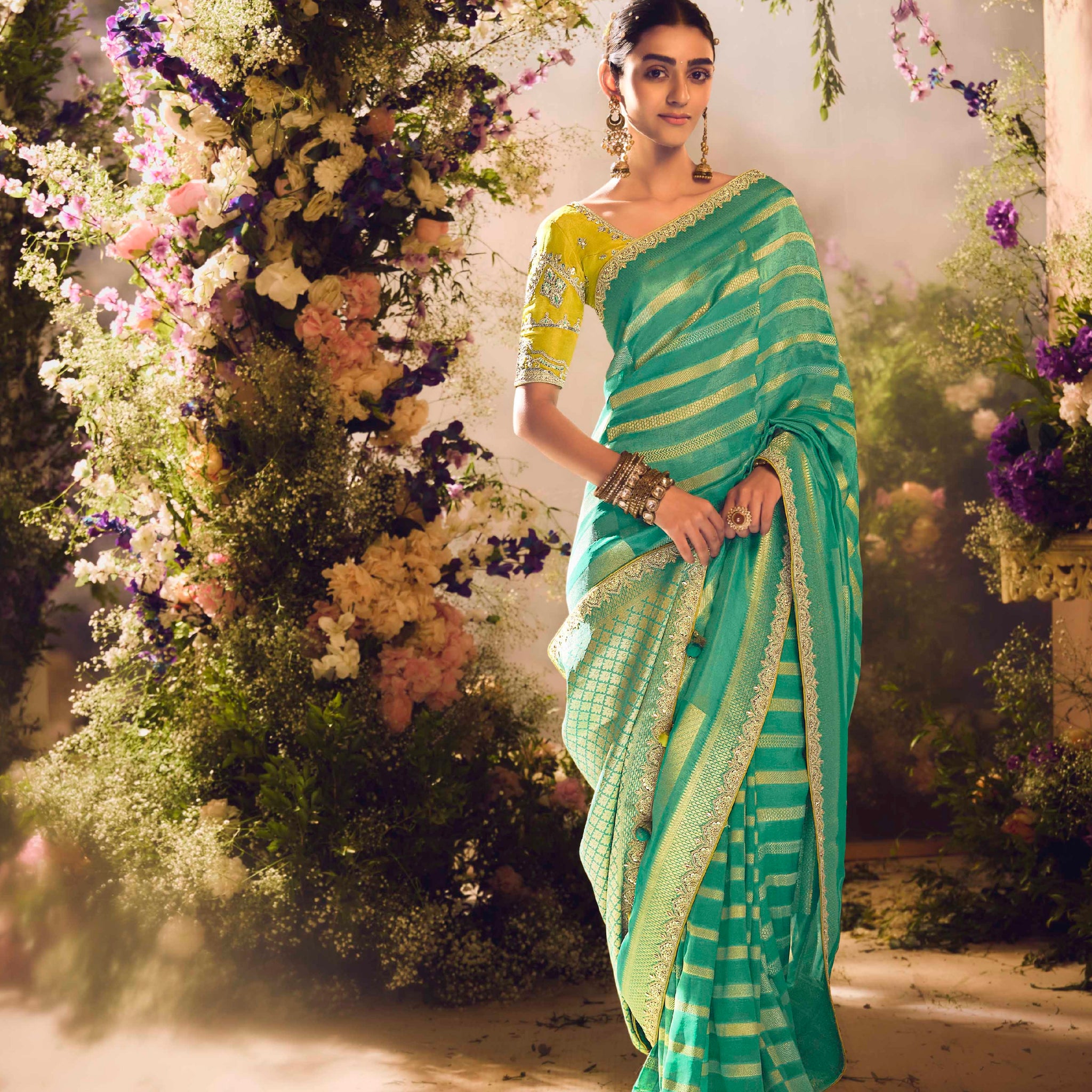 Mint Green Designer Zari Weaving Banarasi Saree