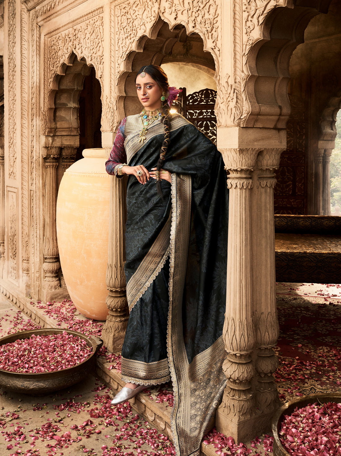 Black Banarasi Silk Saree with Lace Border