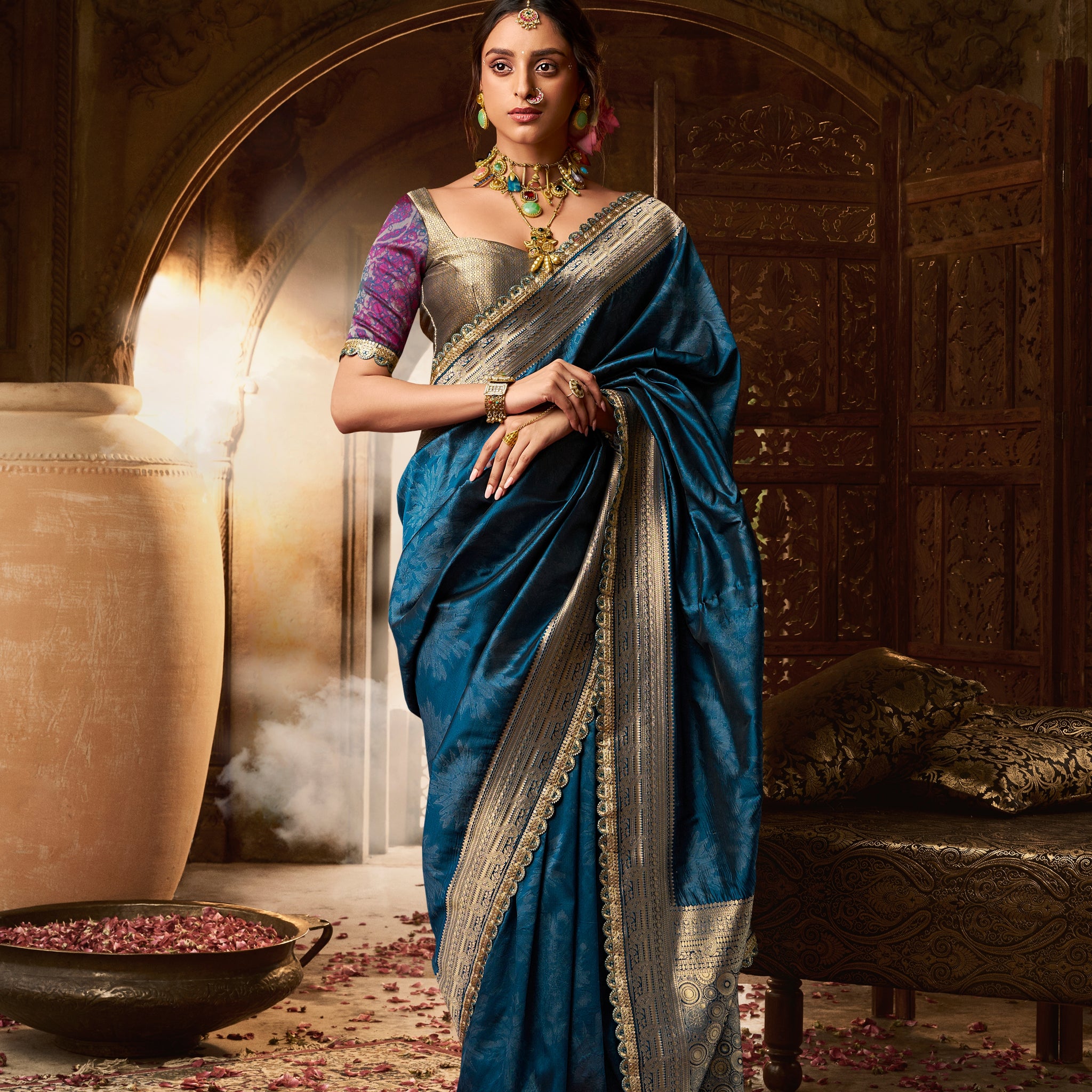 Blue Banarasi Silk Saree with Heavy Pallu