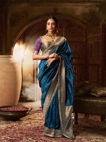 Blue Banarasi Silk Saree with Heavy Pallu