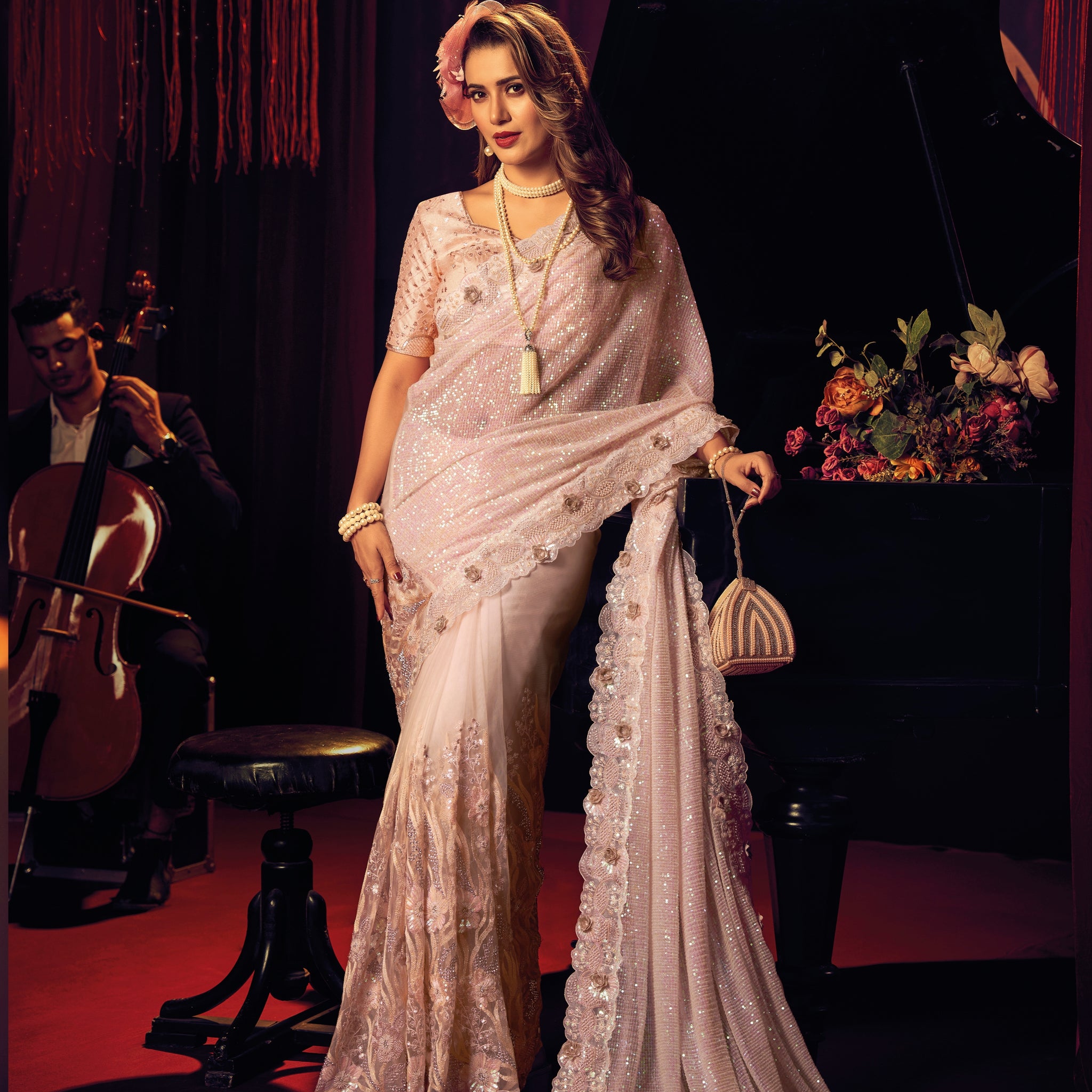 White Digital Net Saree with Heavy Zari & Patchwork