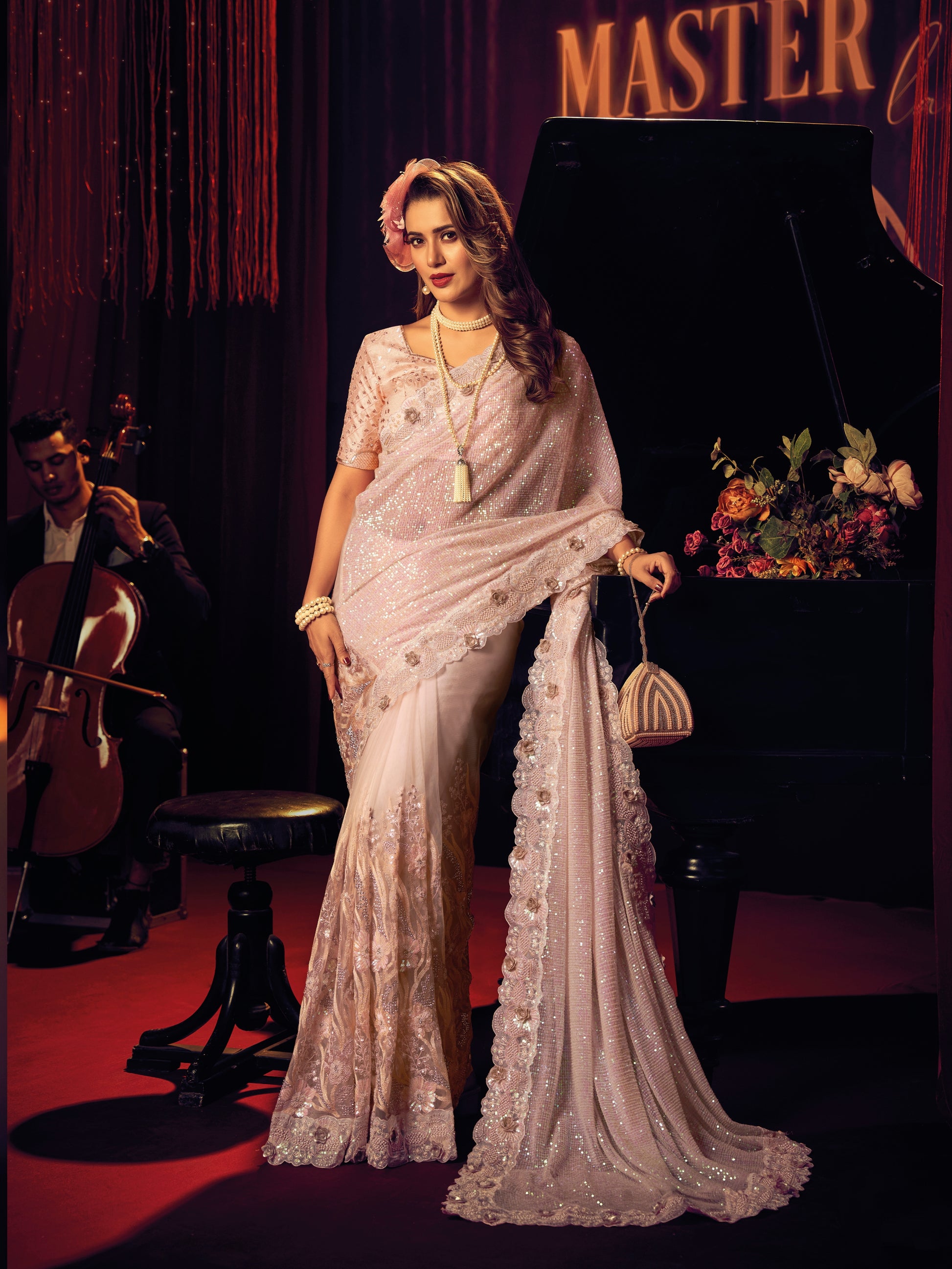 White Digital Net Saree with Heavy Zari & Patchwork