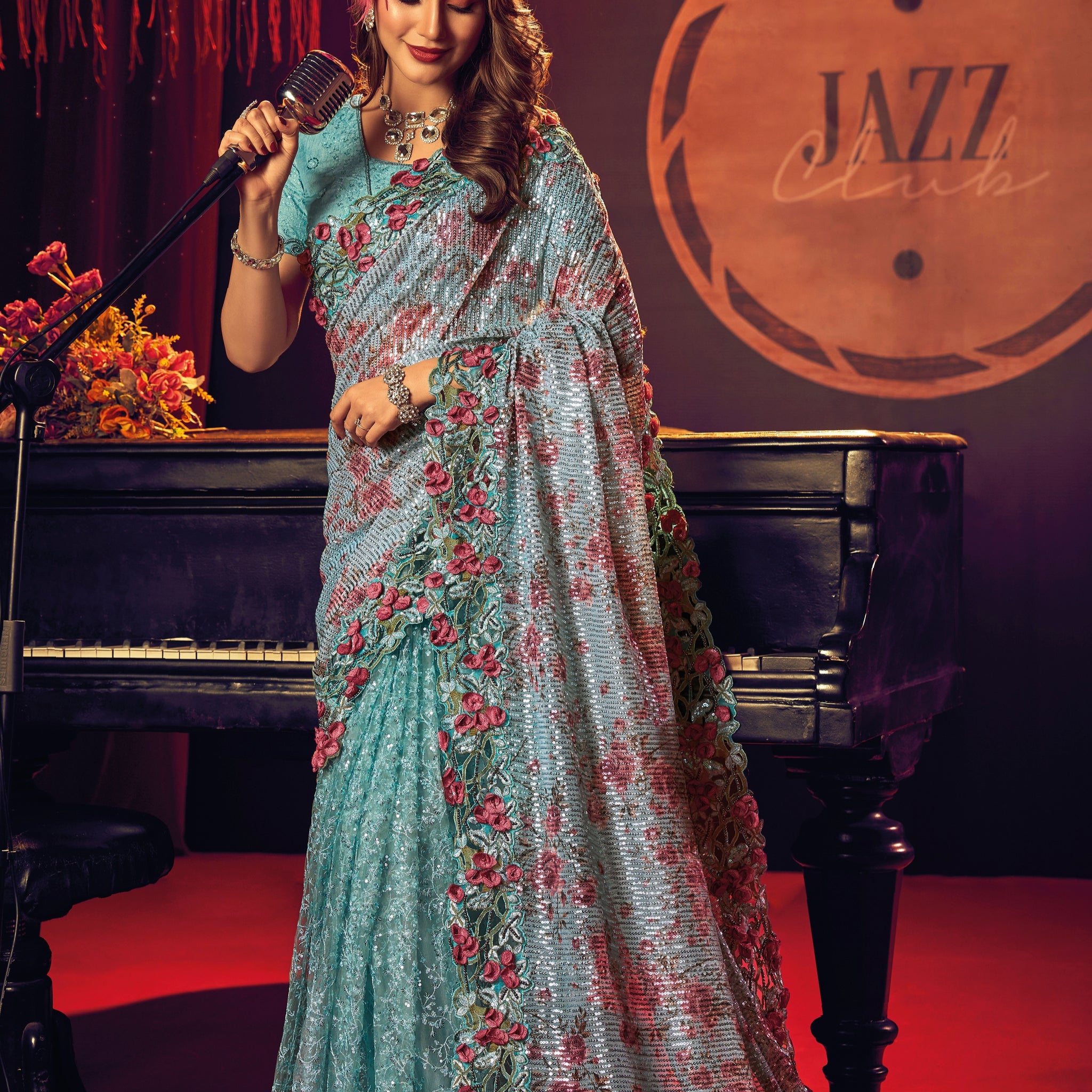 Sky Blue Digital Net Saree with Floral Embroidery