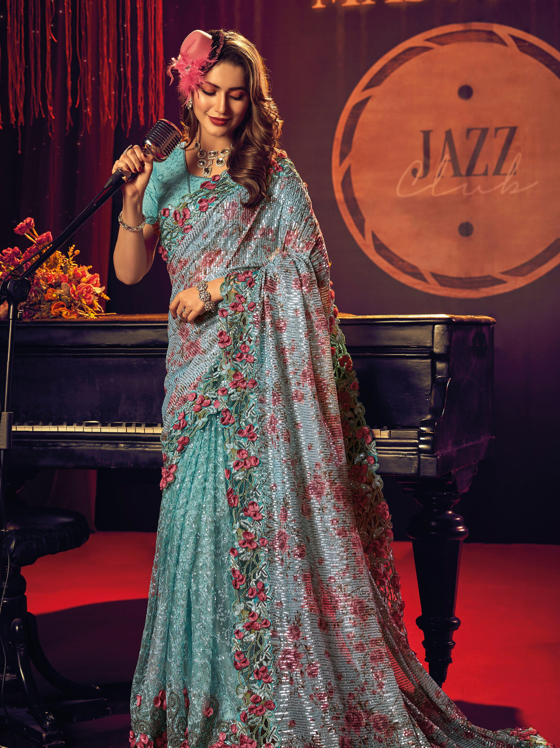 Sky Blue Digital Net Saree with Floral Embroidery