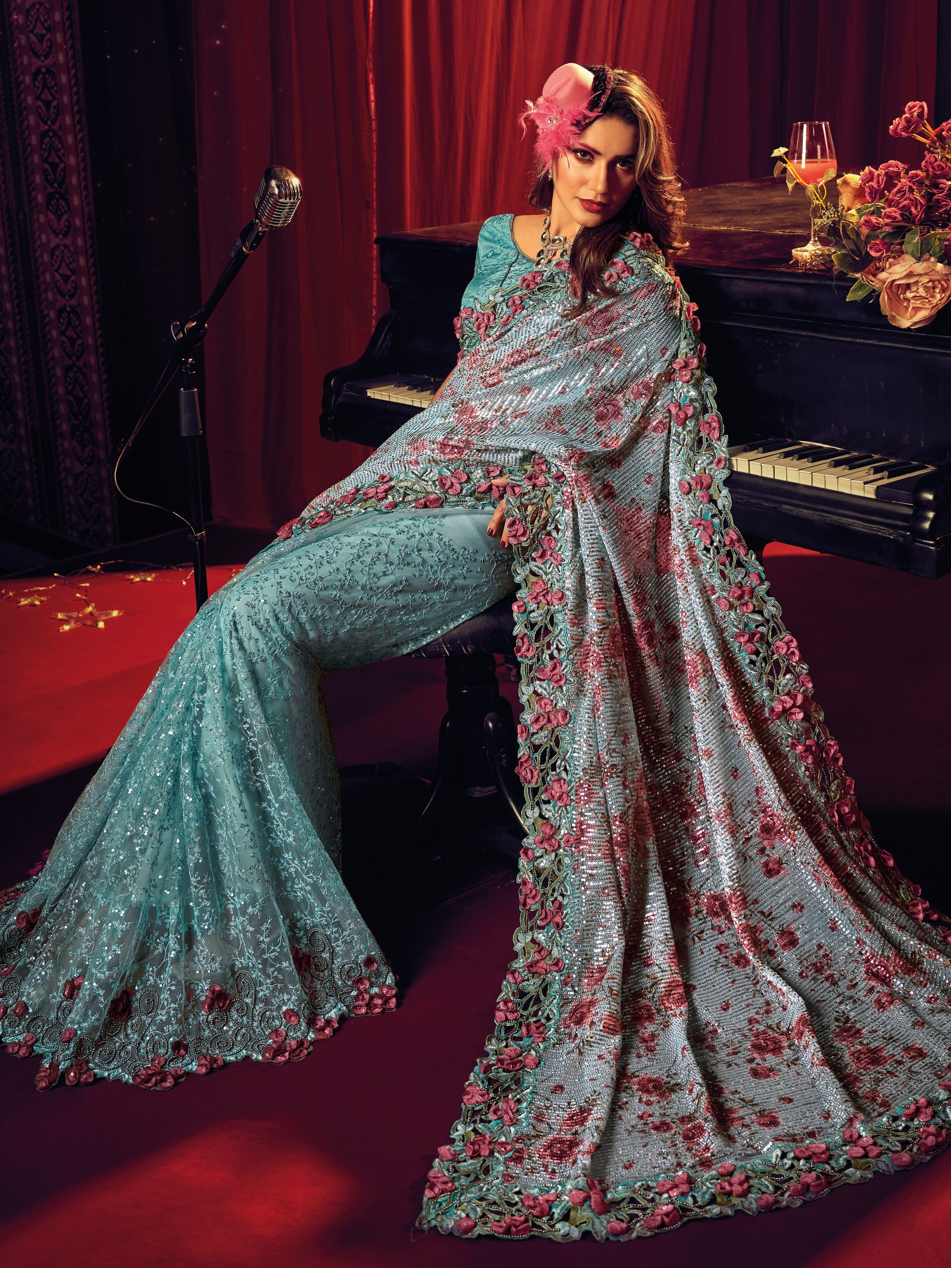 Sky Blue Digital Net Saree with Floral Embroidery