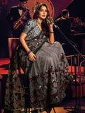 Charcoal Grey Digital Net Saree with Heavy Floral Embroidery