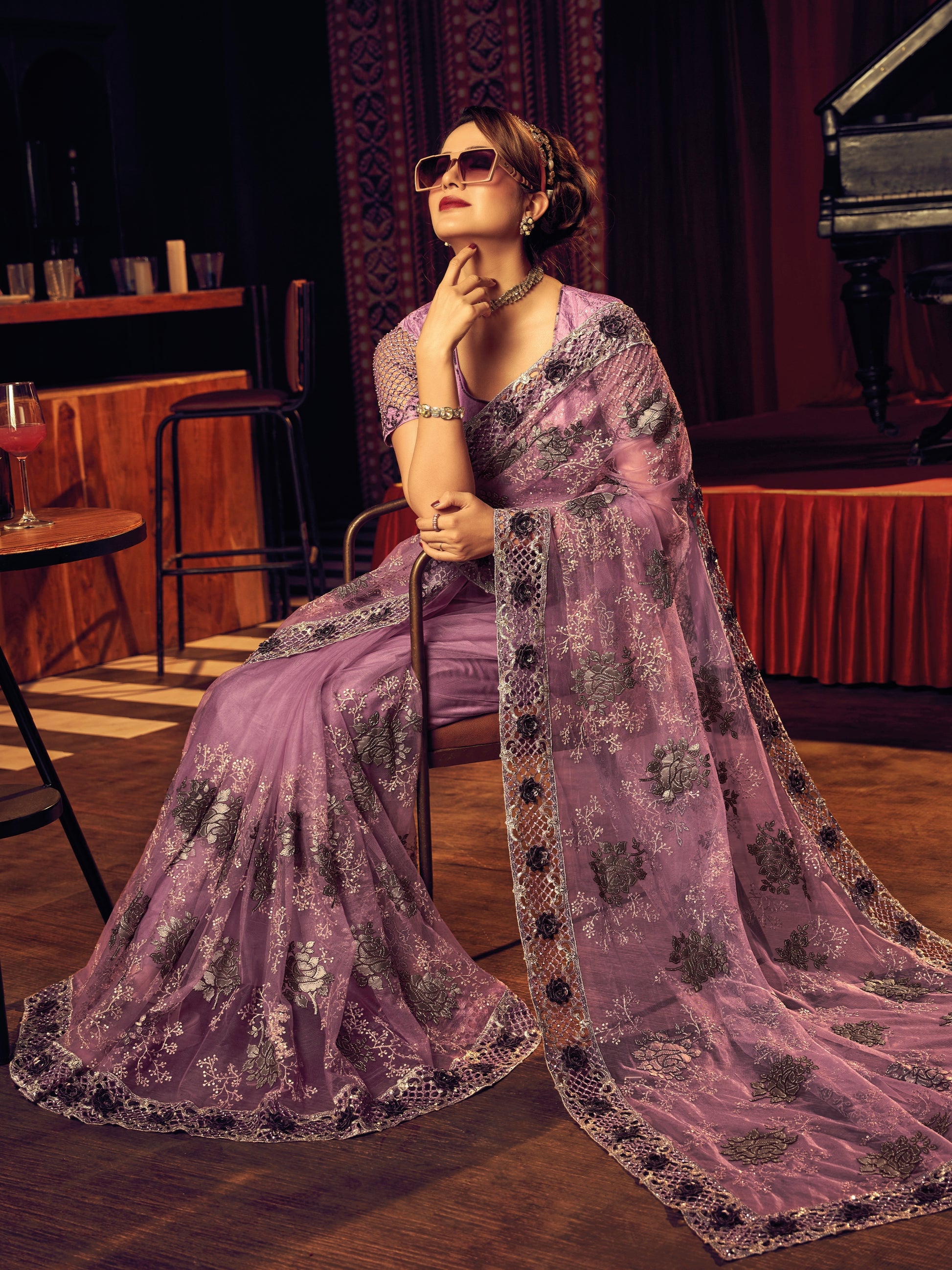 Lavender Digital Net Saree with Zari & Zarkan Embroidery