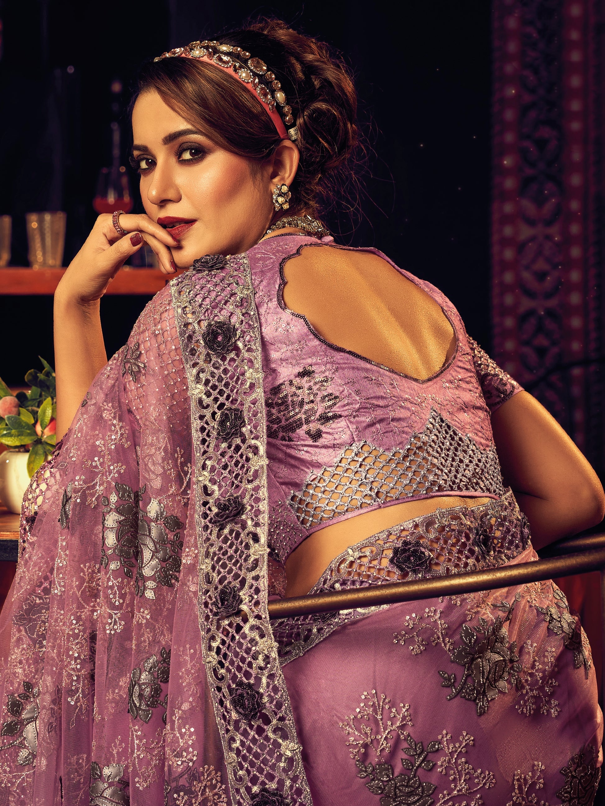 Lavender Digital Net Saree with Zari & Zarkan Embroidery