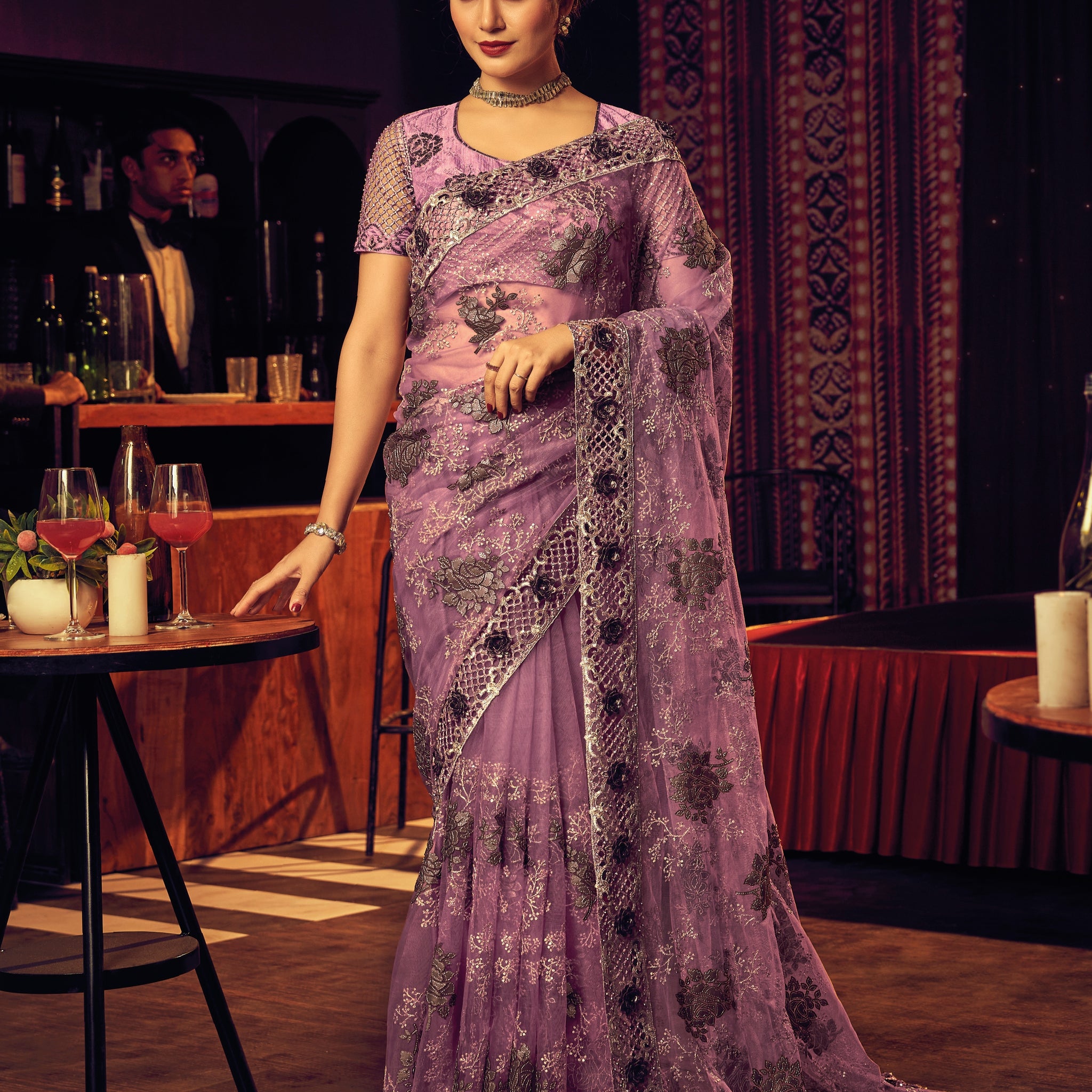 Lavender Digital Net Saree with Zari & Zarkan Embroidery