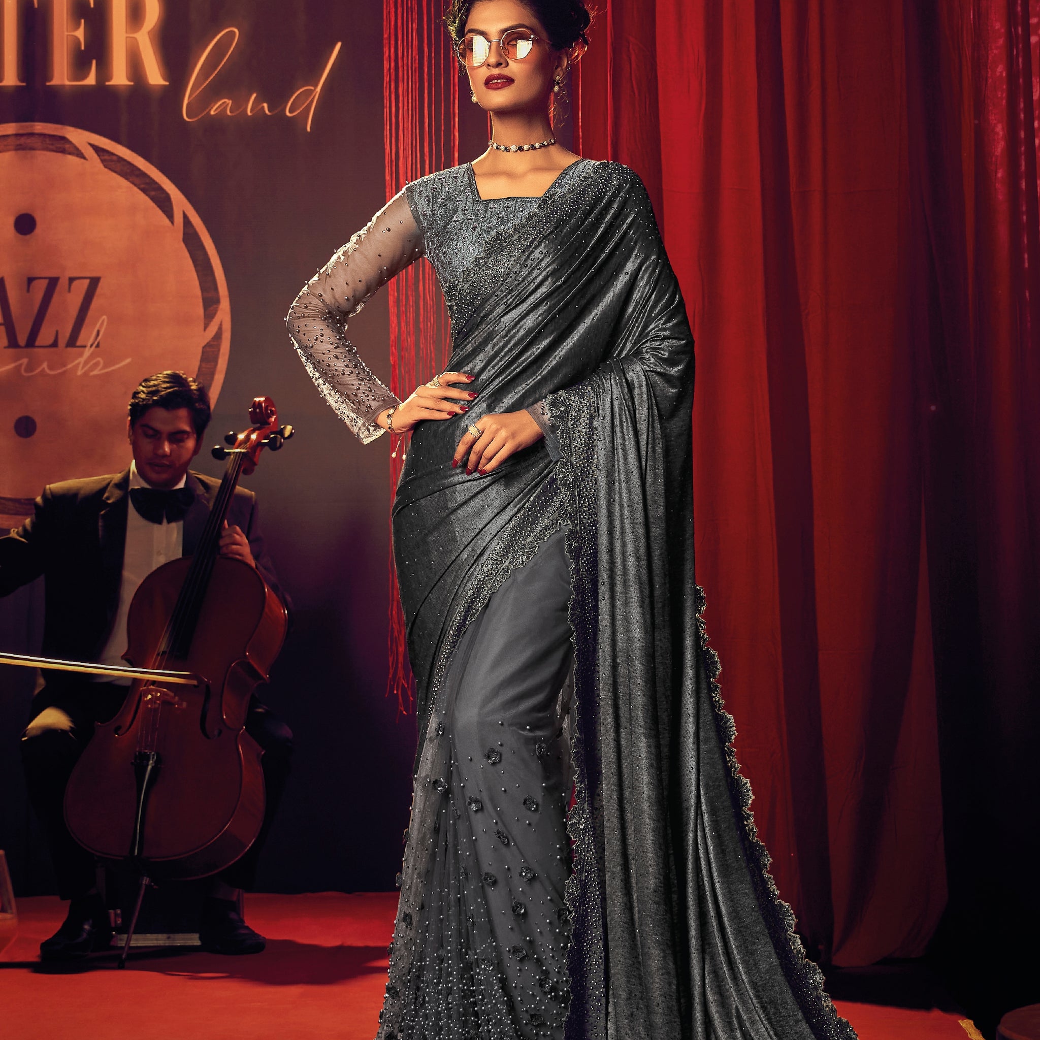 Gray Embroidered Net Saree with Sequins & Thread Detailing