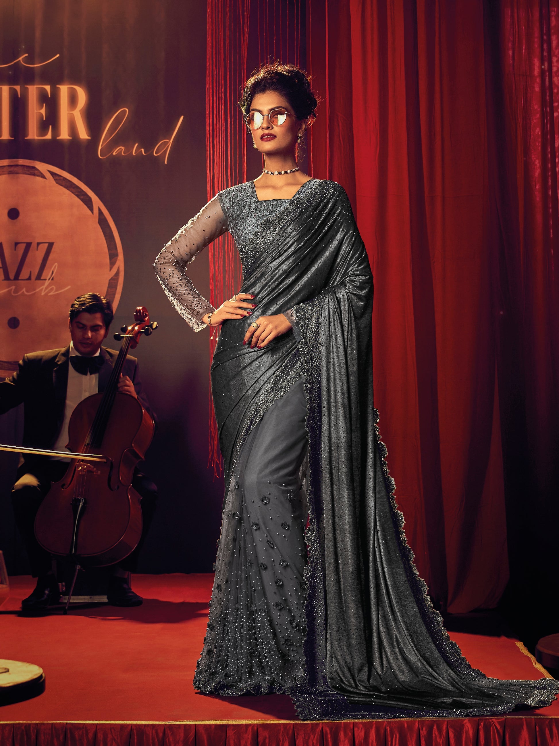 Gray Embroidered Net Saree with Sequins & Thread Detailing